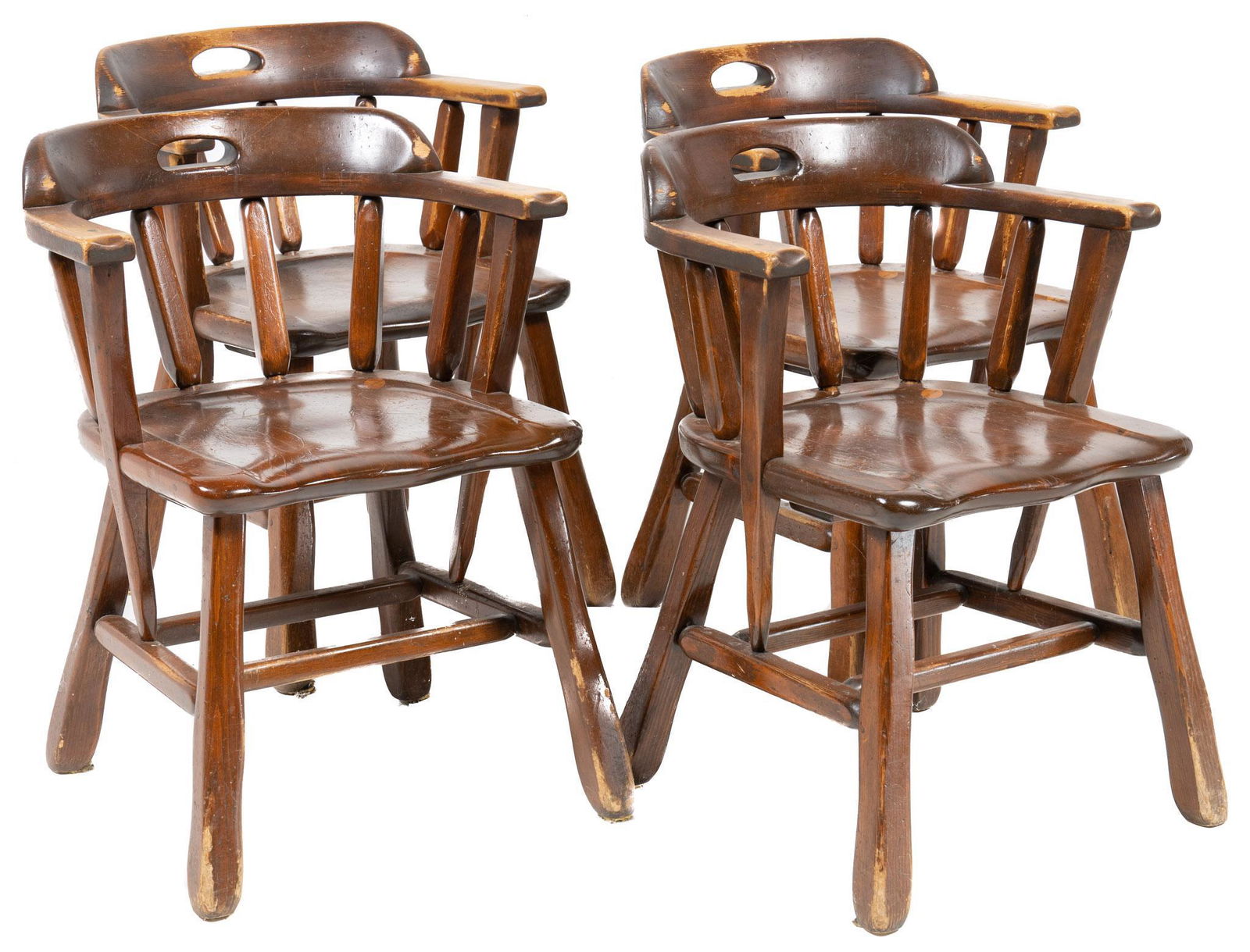 (4) W.R. Dallas (San Antonio, TX) Chairs: Set of four matching W.R. Dallas (San Antonio, Texas) handled chairs, featuring curved back, supported on H frame stretchered spoke legs, marked by manufacturer 30"h x 21.5"w x 18.5"d/ each Provena