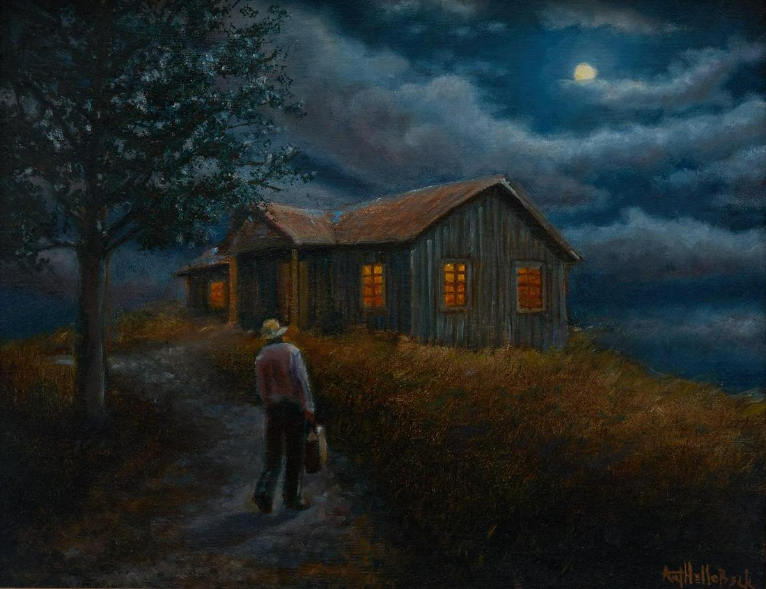 Arthello Beck Jr. (1941-2004, TX), Nighttime Farm, 2004: Arthello Beck Jr. (1941-2004, Texas), nighttime farm scene, dated 2004, oil on canvas, framed, with personal inscription on back sight: 13" x 10.5", frame: 18" x 21" Provenance: A Dallas, Texas collec