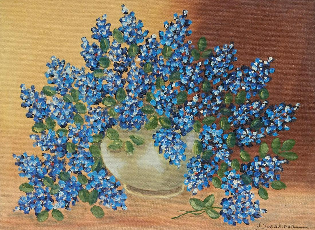 Jackie Speakman, Bluebonnets: Jackie Speakman, bluebonnets still life, oil on canvas, framed sight: 8.5" x 11.5", frame:18"h x 20"w x 1.5"d Provenance: A San Antonio, Texas estate We happily provide seamless shipping services on e
