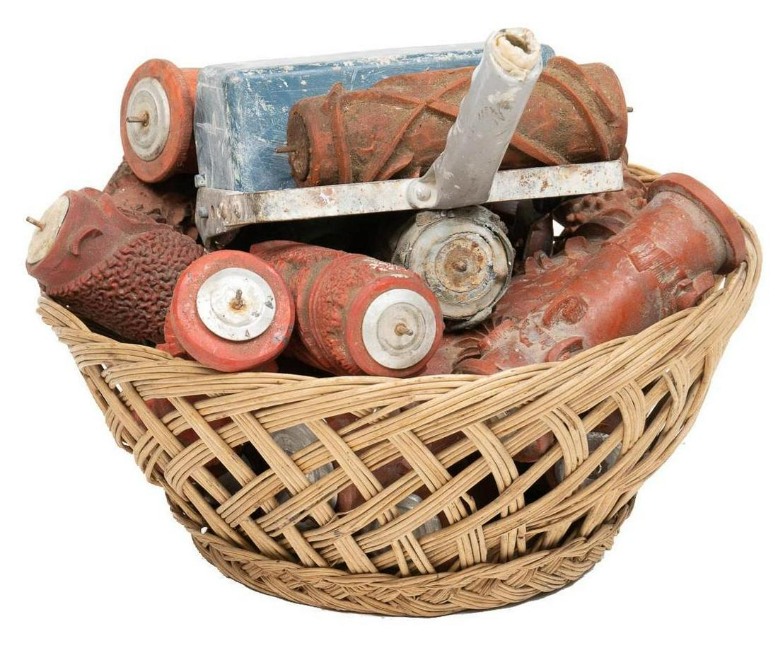 Collection of (17) Rubber Ink Rollers: Collection of seventeen rubber ink rollers having a variety of unique designs, to include handle and basket, total of nineteen items 6"h x 6"w/ largest We happily provide seamless shipping services on