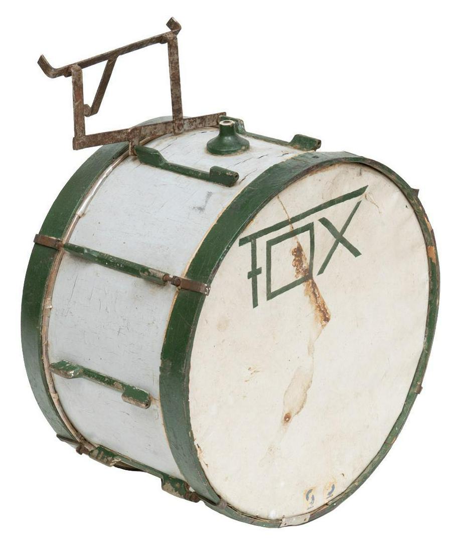 Vintage Fox Bass Drum: Vintage bass drum, featuring green trim, marked 'Fox' 29"h x 25"w x 14.5"d We happily provide seamless shipping services on everything we sell. Please email us at shipping@vogtauction.com or call 21