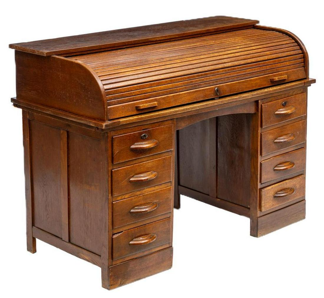 Roll Top Desk: Roll top desk, leading to interior shelving, having an extendable writing surface above row of pull out drawers 40"h x 55.5"w x 28"d We happily provide seamless shipping services on everything we se