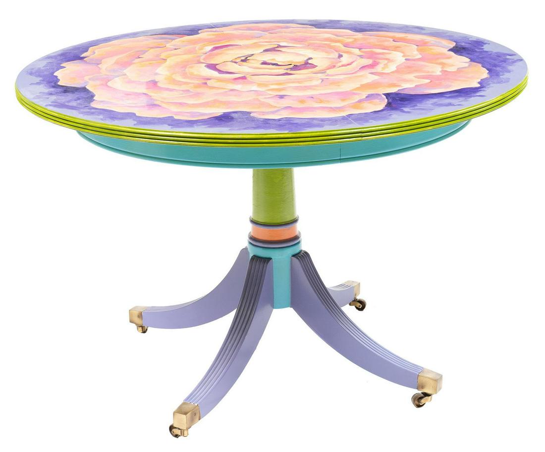 Shawn Bridges (20th C., TX), Painted Pedestal Table: Shawn Bridges (20th C., Texas), colorful Duncan Phyfe style pedestal table, featuring a top with a painted flower, supported on pedestal legs with casters, with inscription for ownership to John F. Ba