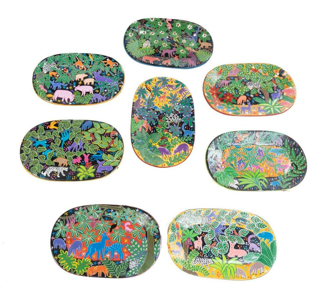 Collection of Hand Painted Plates from Costa Rica: Collection of eight vintage wooden plates, hand painted with traditional Central American motifs, signed and marked 'Costa Rica' 2"h x 14"w x 4"d/ largest We happily provide seamle