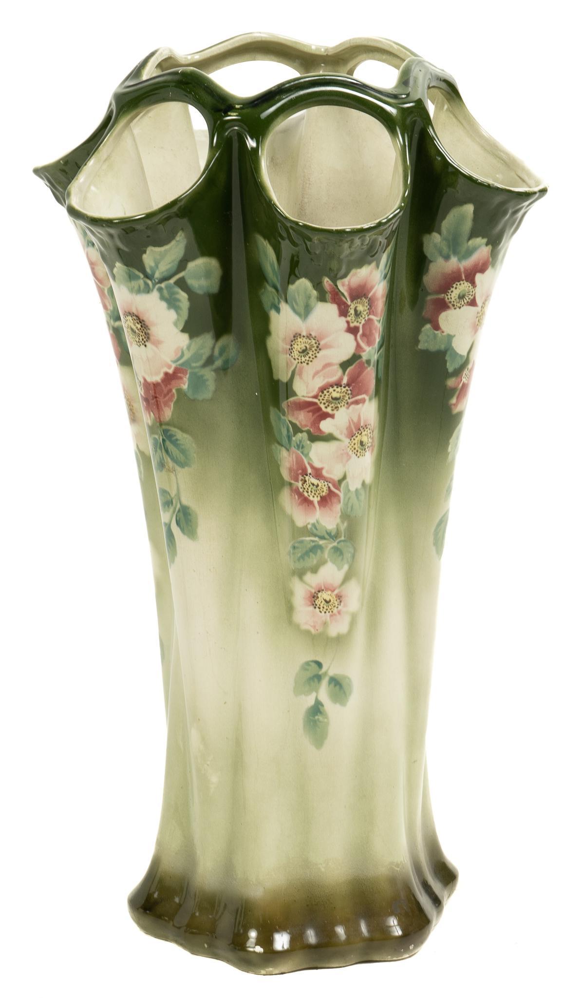 Art Nouveau Majolica Vase, Keller and Guerin: French Art Nouveau Majolica ceramic vase, featuring floral design and perforated rim, marked 'Keller and Guerin / Luneville / France' 38"h x 17"d We happily provide seamless shipping s