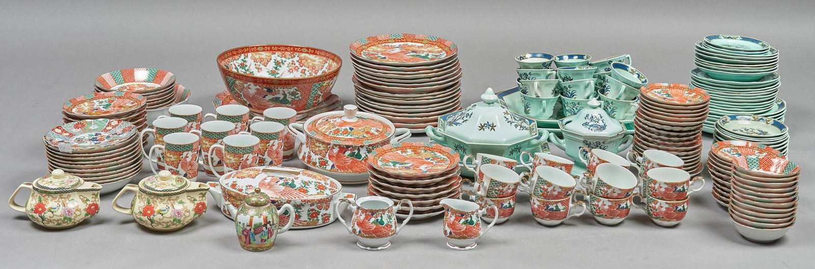 Large Collection of Contemporary Satsumaware: Approx. one hundred pieces of contemporary Japanese Satsuma diningware, to include plates, mugs, bowls, etc, married sets, some marked 5"h x 12"d/ largest We happily provide seamless shipping 