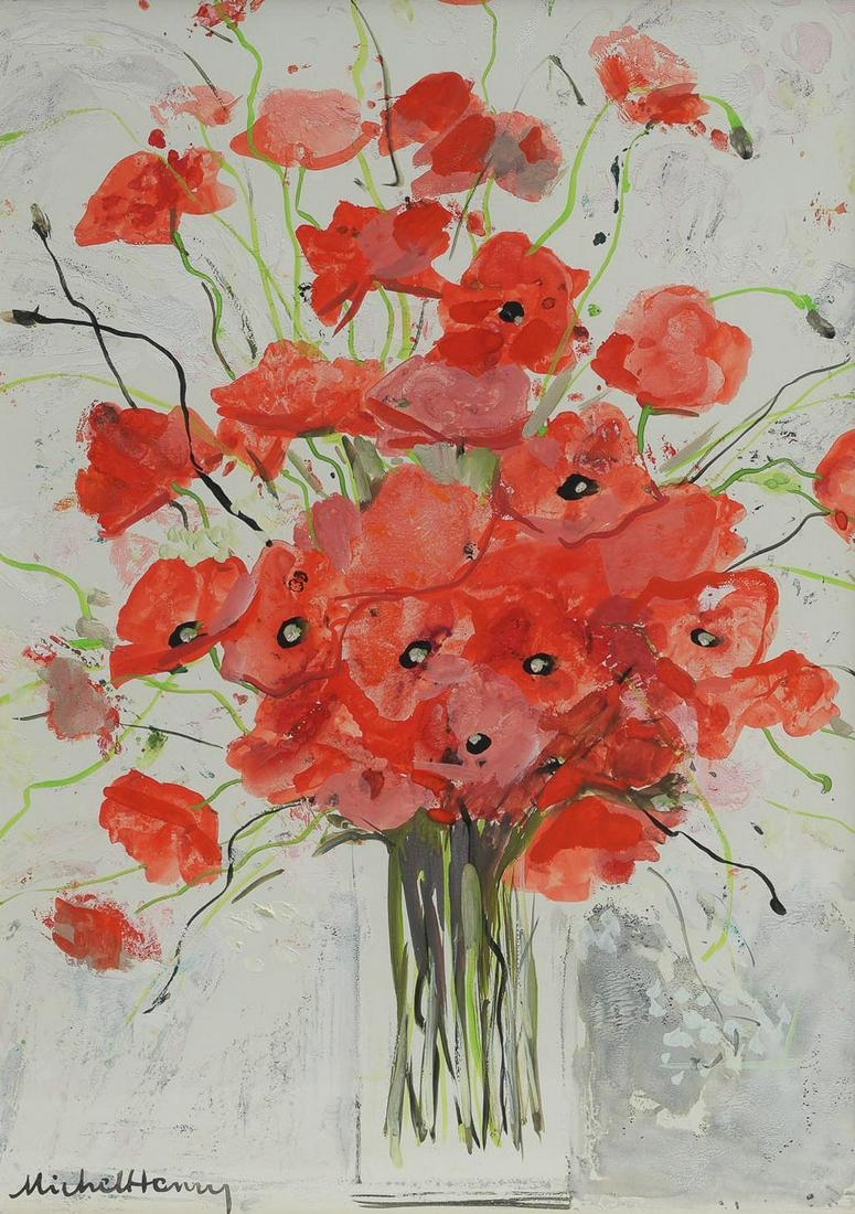 Michel Henry (1928-2016, FR), Poppy Bouquet: Michel Henry (1928-2016, France), Poppy bouquet, mixed media on paper, framed sight: 20" x 14", frame: 27" x 21" We happily provide seamless shipping services on everything we sell. Pl
