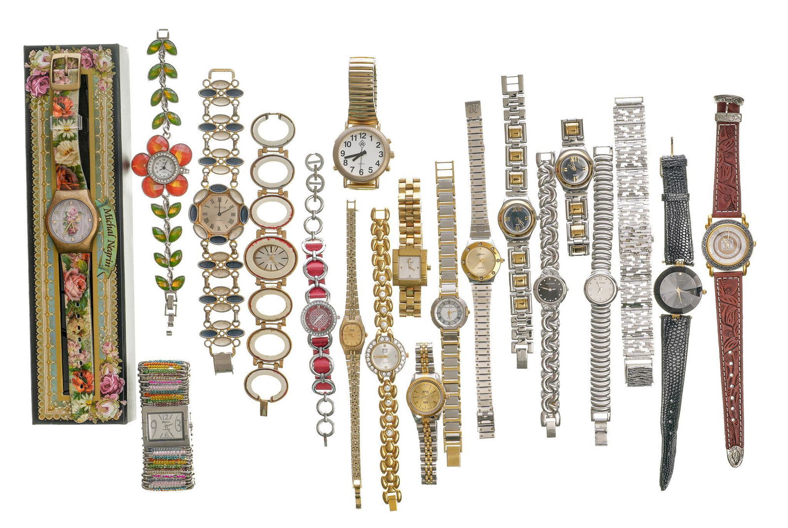 Collection of Vintage Ladies Wristwatches: Collection includes stainless Bucherer, Swatch, Tissot and Seiko, most quartz, needing batteries. We will happily provide seamless shipping services on this lot. Please email us at shipping@vogt