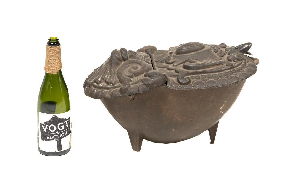 Cast Iron Coal Box: Cast iron coal box, having hinge top with decorative scroll motif 11"h x 12"w x 17"d We happily provide seamless shipping services on everything we sell. Please email us at shipping@