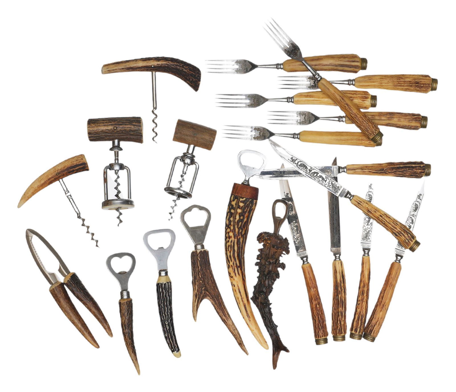 Collection of (22) Vintage Horn Bar Tools: Collection of twenty-two vintage bar tools, to include bottle openers, cork screws, etc with bone horn handles 10"h x 1.5"w/ largest We happily provide seamless shipping services on everythi