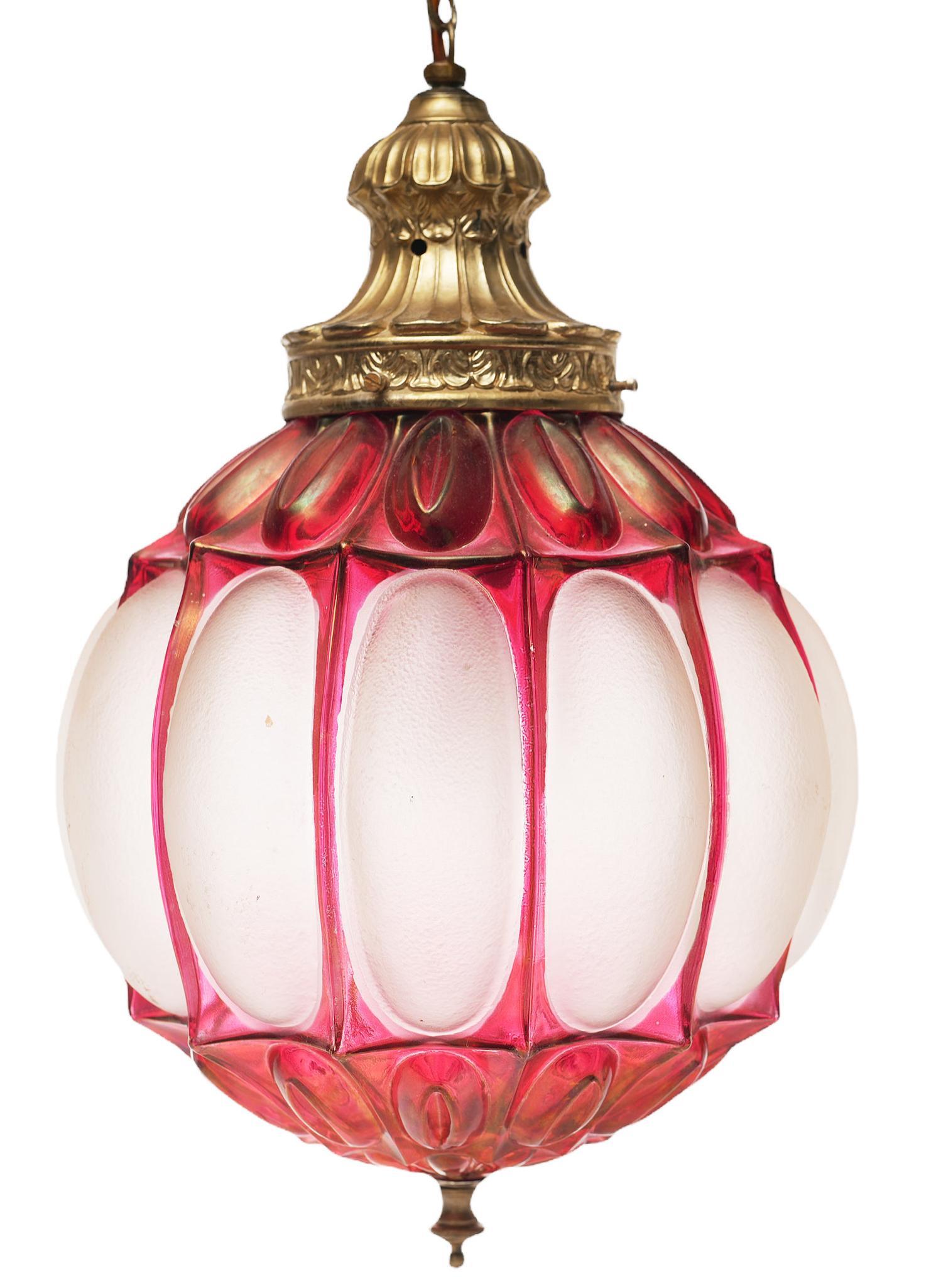 Art Deco Glass Pendant Light: Art Deco glass pendant light, featuring round shade with red and gold accents 25"h x 10"w x 12"d We happily provide seamless shipping services on everything we sell. Please email us at shi