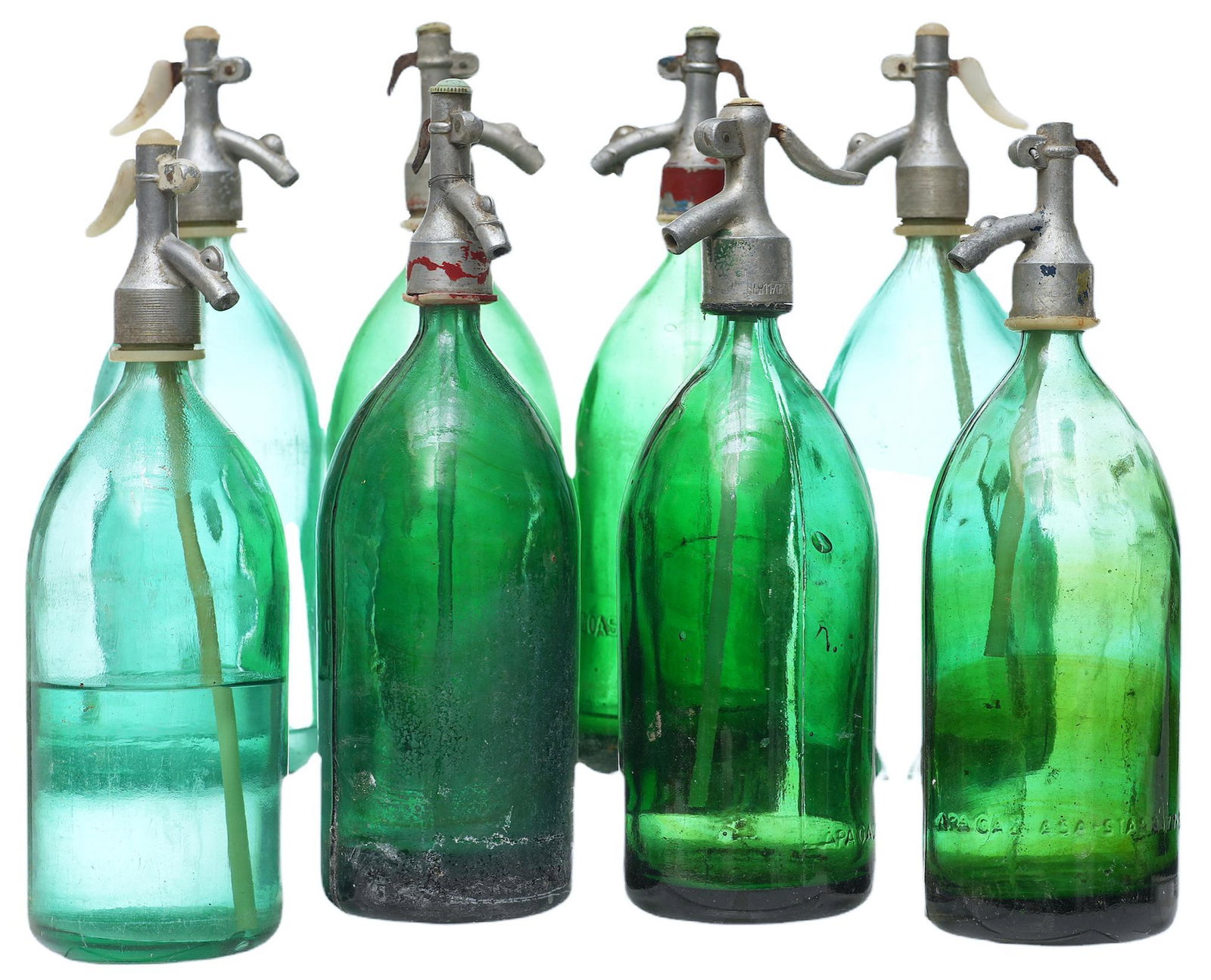 Set of (8) Vintage Soda Spray Bottles: Set of eight vintage soda spray bottles, featuring blue and green glass, marked 'VT' 13"h x 5"d/ largest We happily provide seamless shipping services on everything we sell. Please ema