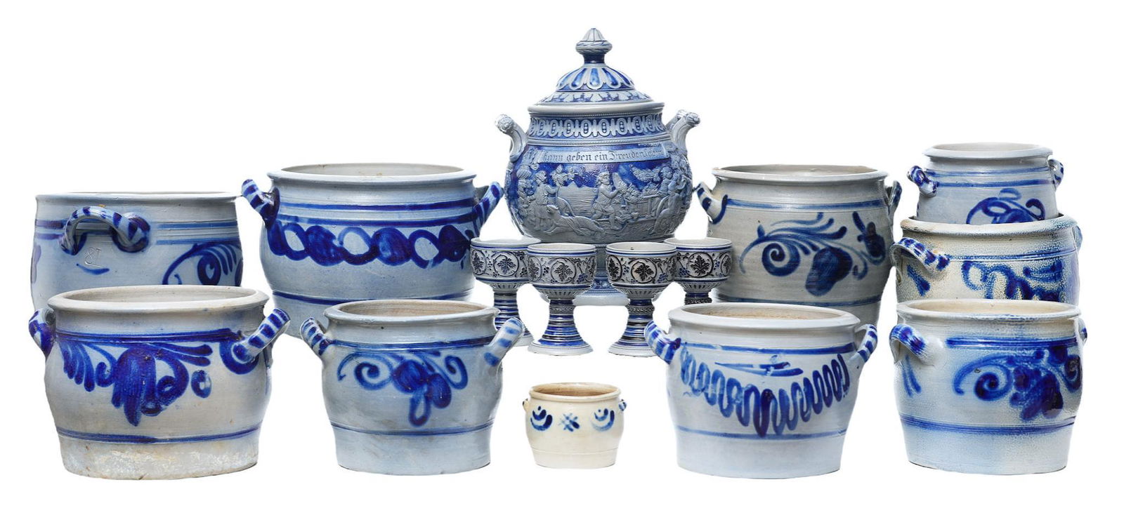 Collection of (15) Pieces of Ceramicware: Collection of fifteen pieces of stoneware, featuring vibrant blue salt glazing, to include ten stoneware jardinieres, four goblets, and one urn, some marked 'LH' 14"h x 10"d/ largest