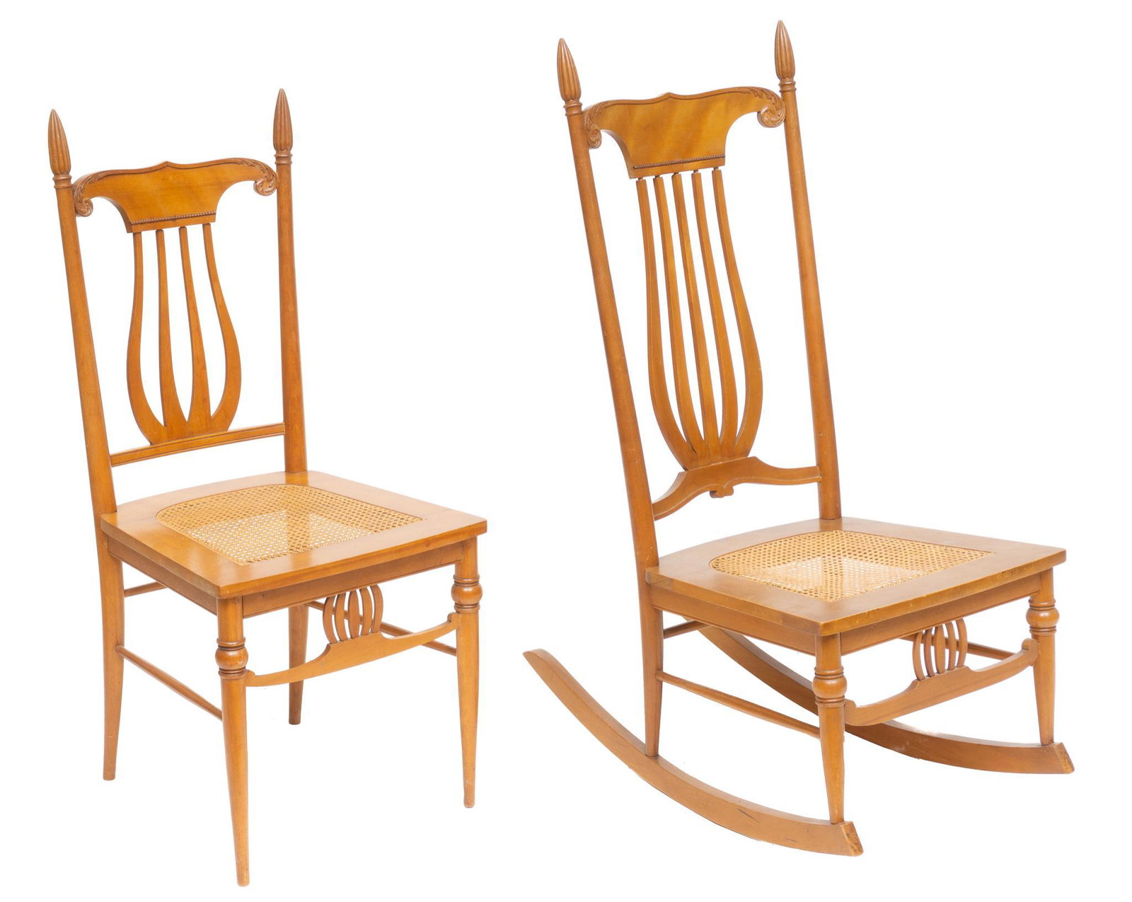Pair of Federal Style Cane Seat Wooden Chairs: Pair of Federal style wooden chairs, featuring cane work rattan seats with carved backs, one rocker 42.5"h x 19"w x 29"d/ largest Provenance: A Boerne, Texas Collection We happily provide 