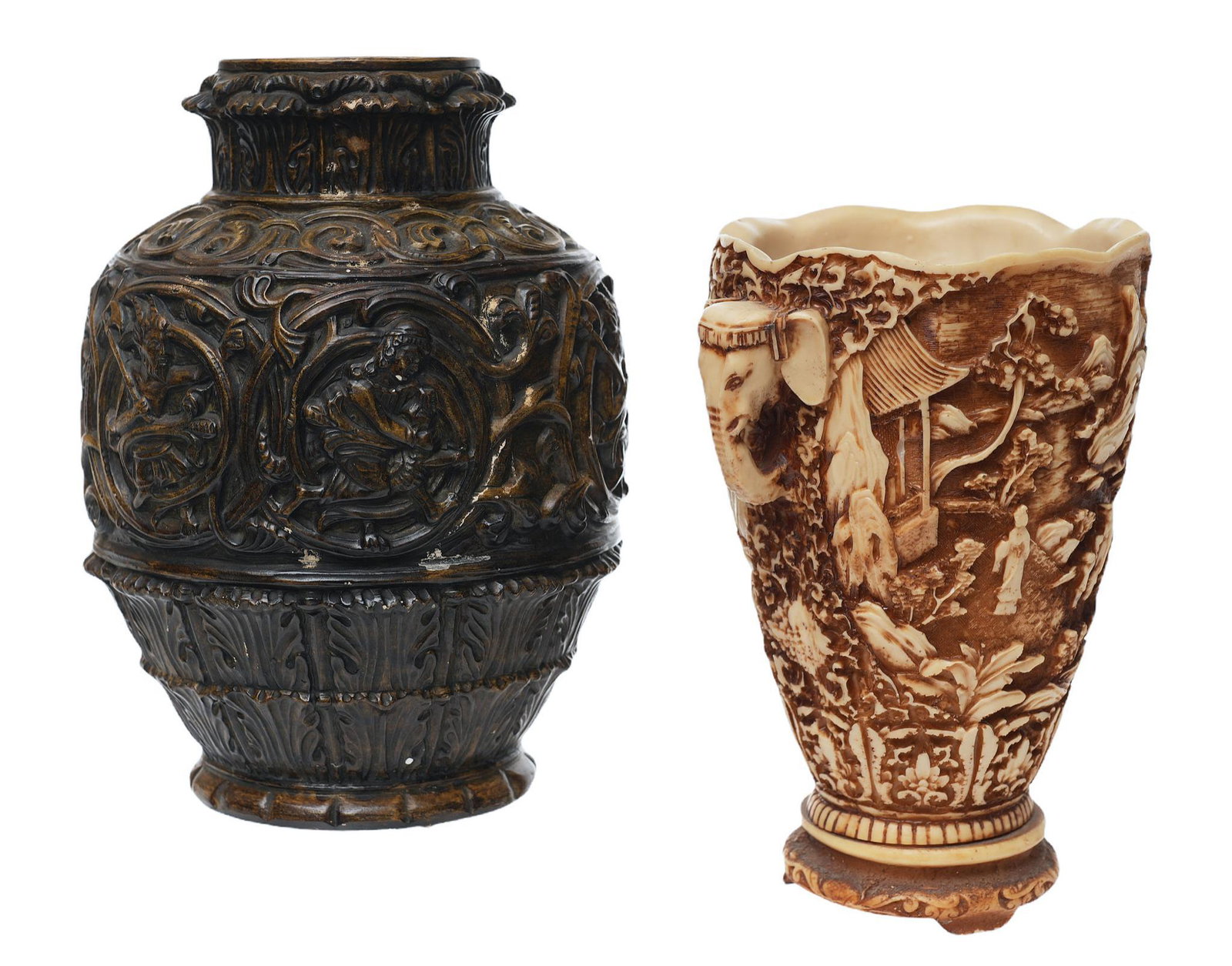 Pair of Vases: Pair of vases, featuring intricate reliefs, one metal in a central European style, marked A, the other composite in an Asian style with elephant handles 13"h x 10"d/ largest We happily provide
