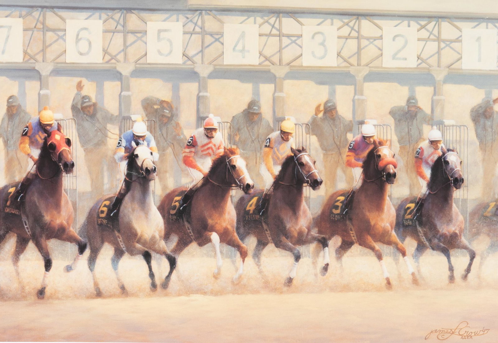 James L. Crow (b. 1933), "They're Off", 1997: James L. Crow (b. 1933), titled "They're Off", dated 1997, print, framed frame: 35" x 23" Provenance: Inventory from the now-closed Charlott's Antiques, San Antonio, Texas We h