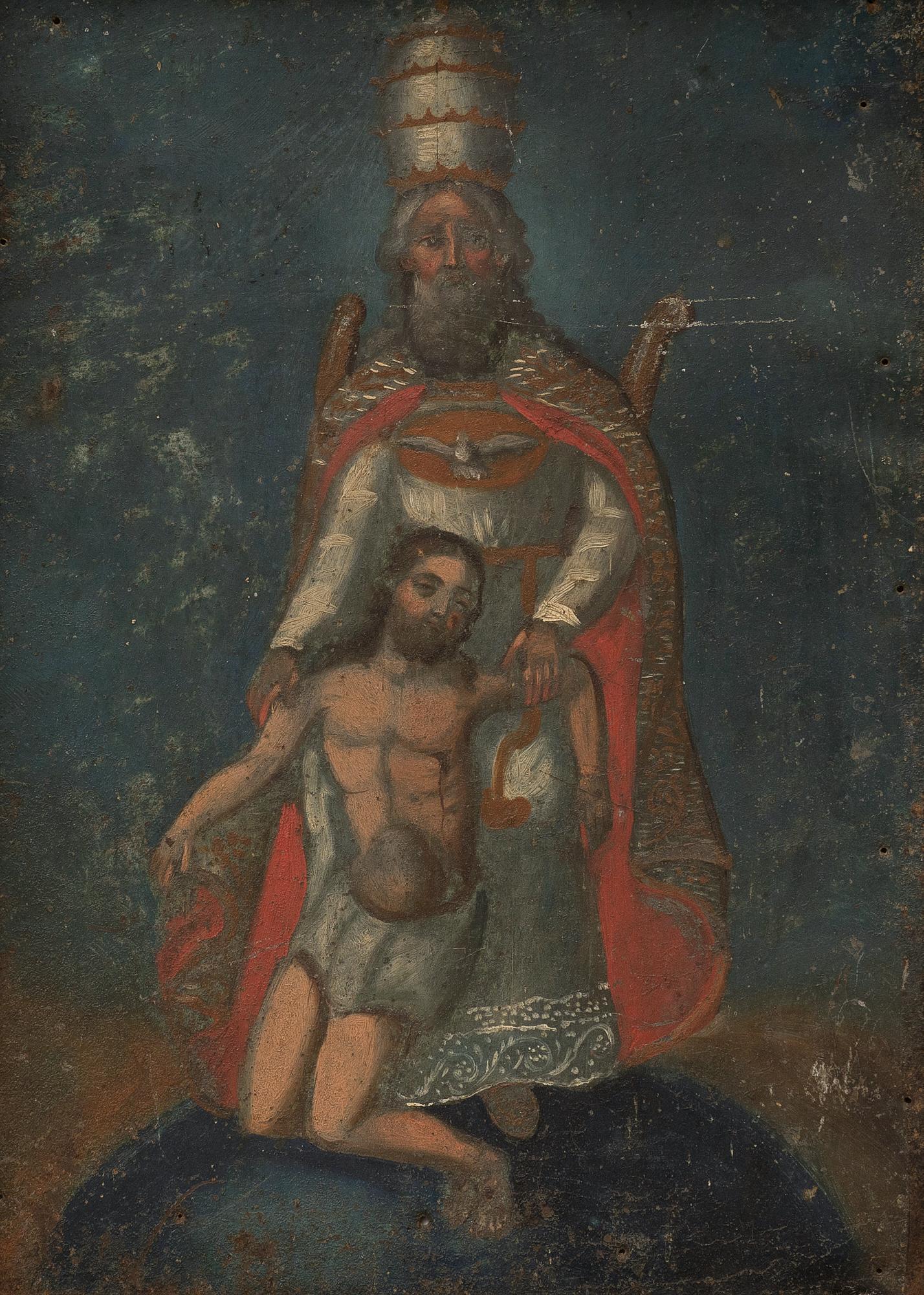 Mexican Retablo, El Padre Eterno, Hijo, Y Spiritu Santo: Mexican Retablo, depicting The Eternal Father, The Son, and The Holy Spirit, circa 19th c., oil on tin 16"h x 12"w frame: 13.5"h x 9.5"w Provenance: The Collection of Chris Hill (San Antonio, TX) Plea