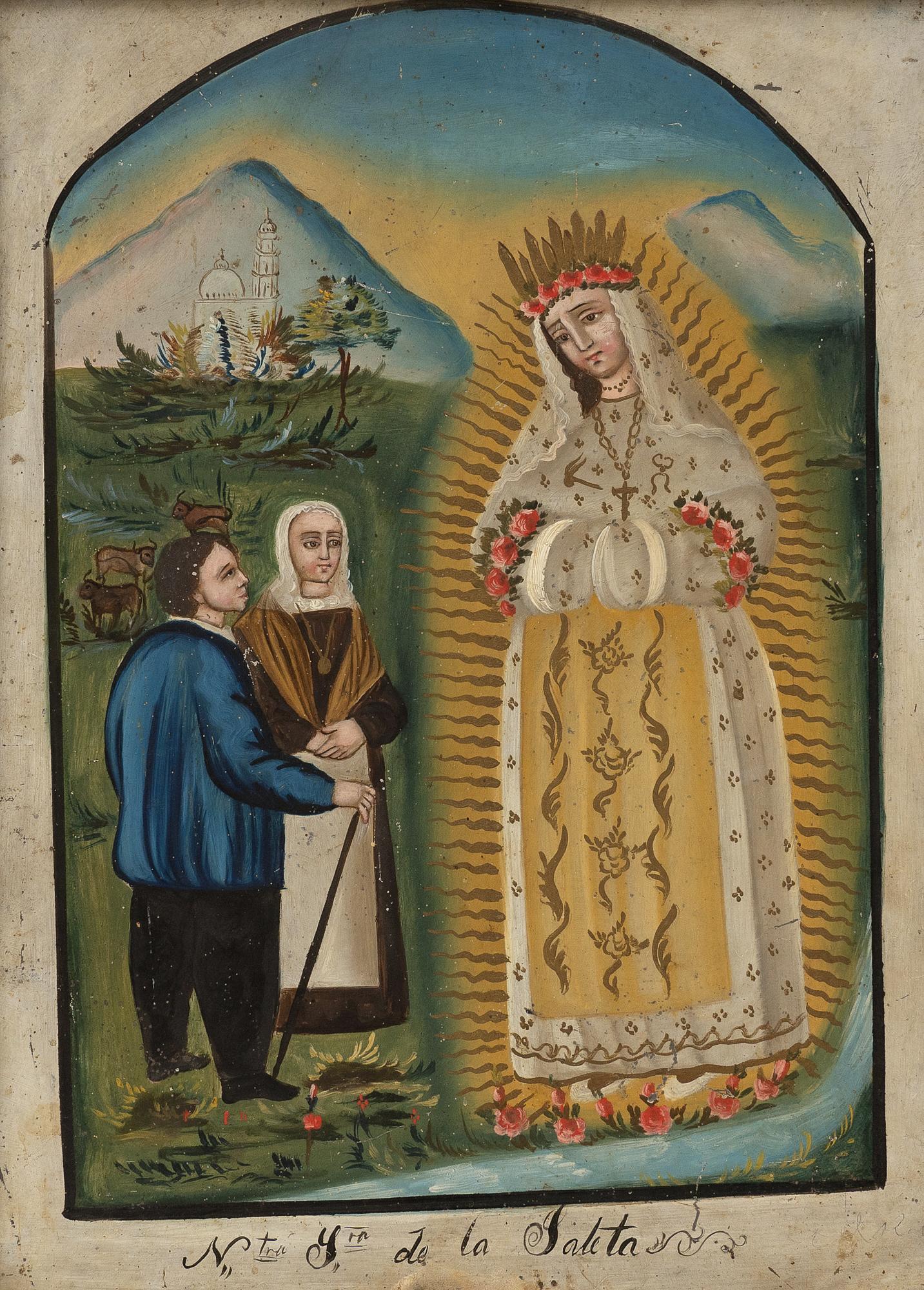 Mexican Retablo, Nuestra Senora de la Saleta: Mexican retablo, depicting Nuestra Senora de la Saleta, oil on tin, framed sight: 13.5"h x 10"w, frame:16"h x 12"w Provenance: The Collection of Chris Hill (San Antonio, TX) Please note: All the Mexic