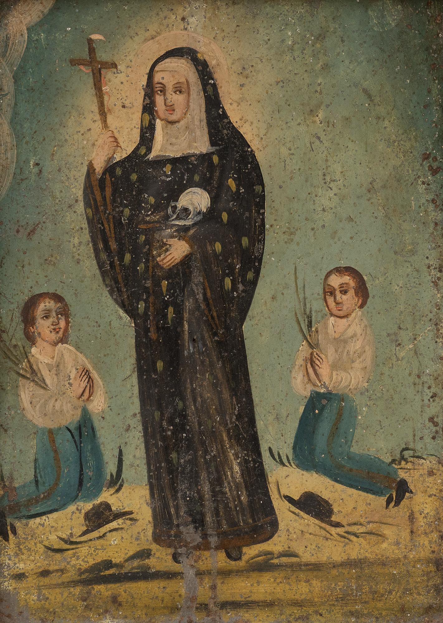 Mexican Retablo, San Rita de Casia: Mexican retablo, depicting San Rita de Casia, oil on tin sight:10"h x 7"w, frame: 12.5"h x 9.5"w Provenance: The Collection of Chris Hill (San Antonio, TX) Please note: All the Mexican folk art pi