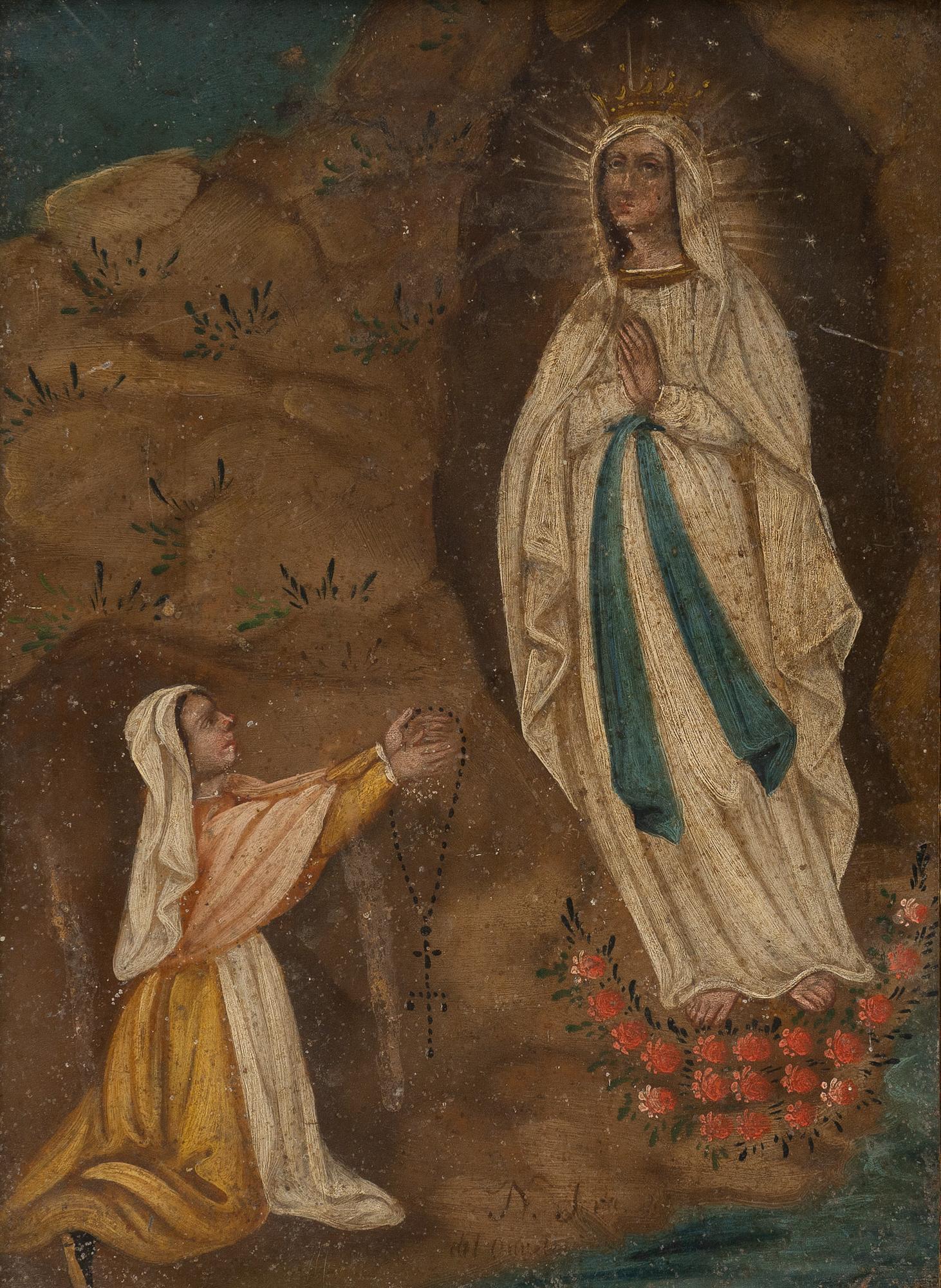 19th C. Mexican Retablo, Nuestra Senora de Lourdes con Santa Bernadette (1 of 3)