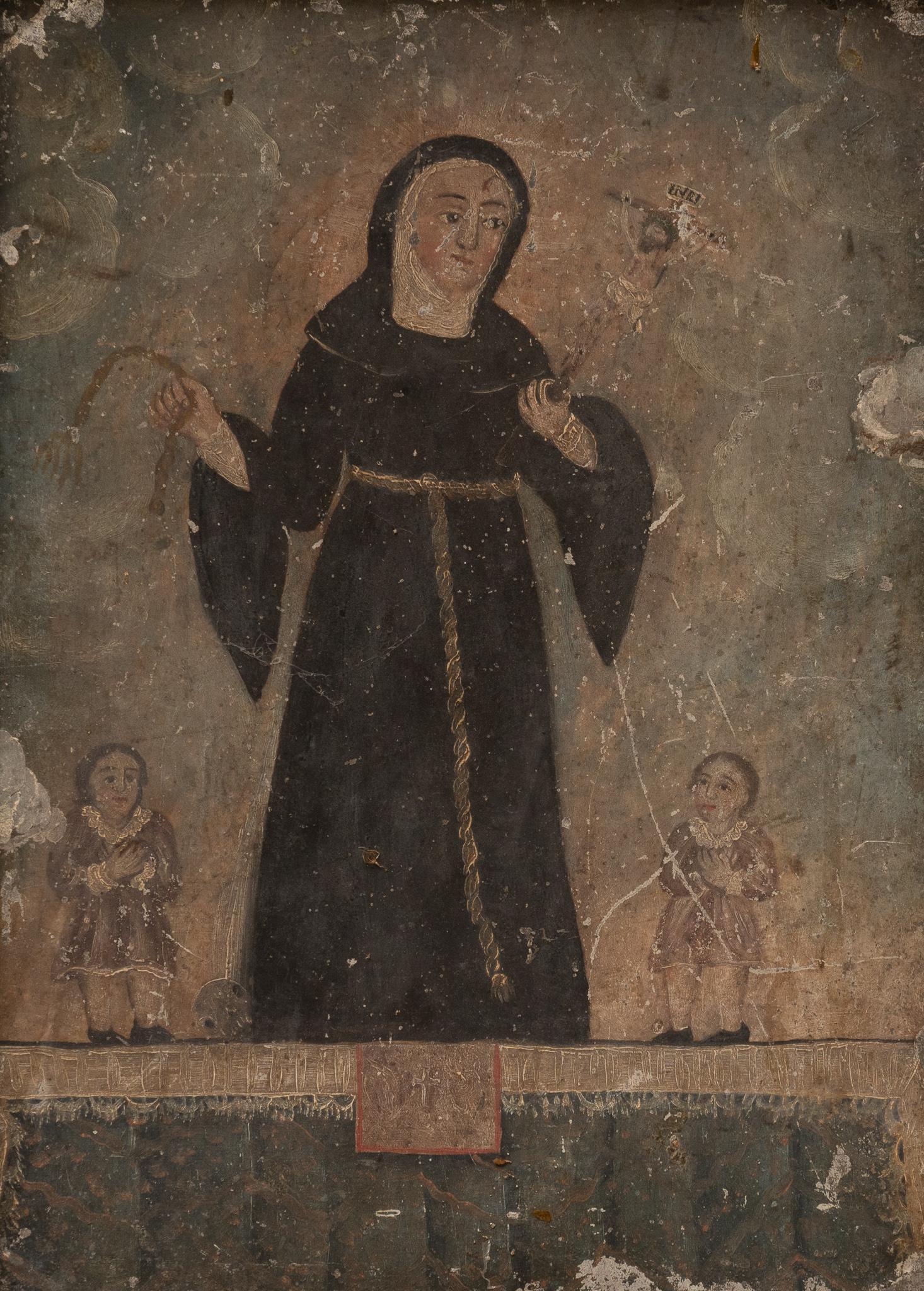 19th C. Mexican Retablo, San Rita de Casia: Mexican retablo, depicting San Rita de Casia, circa 19th c., oil on tin sight: 14"h x 10"w, frame:16"h x 12.5"w Provenance: The Collection of Chris Hill (San Antonio, TX) Please note: All the Mexi