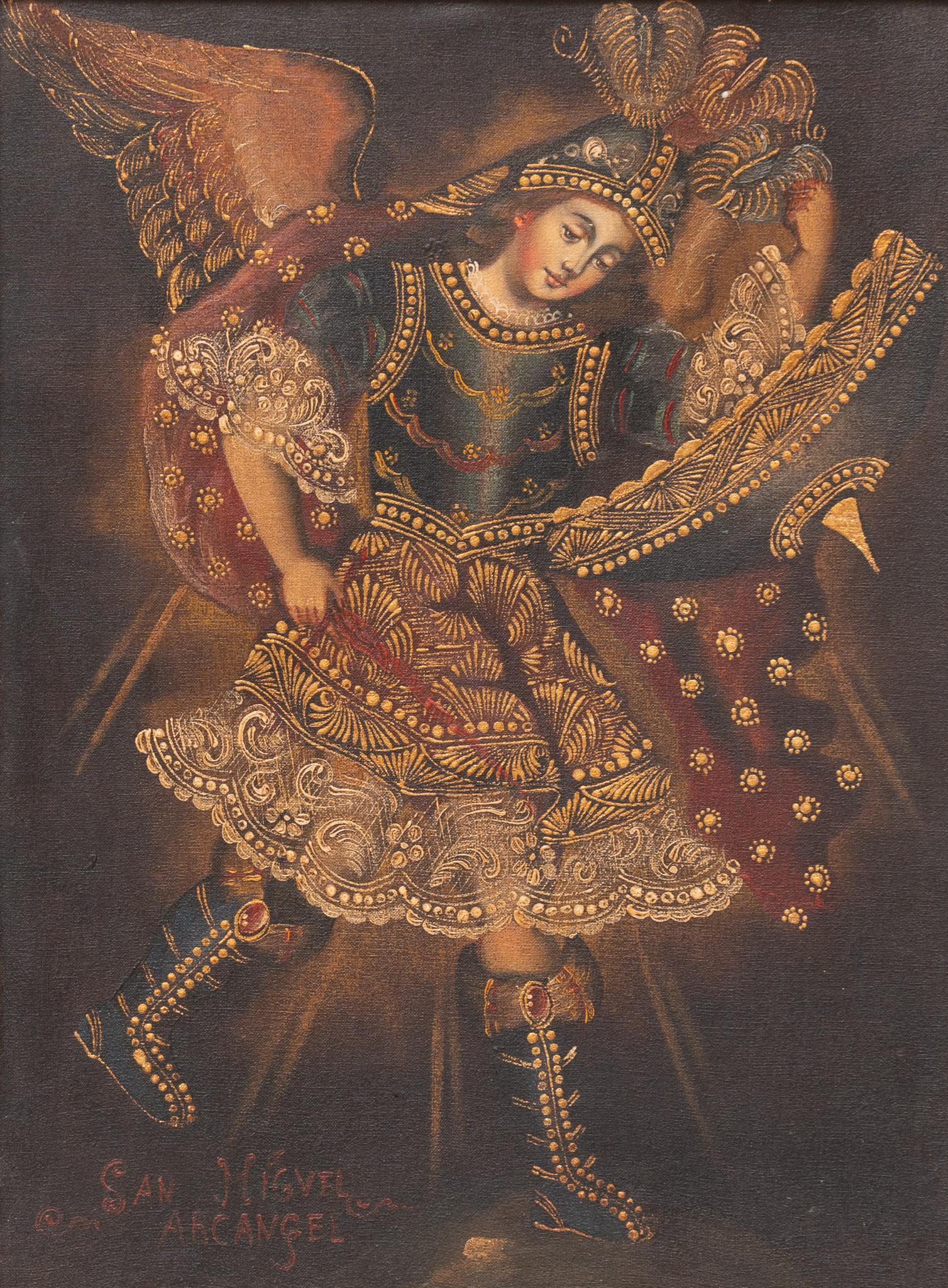 20th C. Mexican Folk Art Retablo, San Miguel Archangel: Mexican Folk Art Retablo, San Miguel Archangel,oil on canvas, framed sight: 5.5"h x 7.5"w, frame: 8"h x 10"w Provenance: A San Antonio, Texas collection Please note: All the Mexican folk art pieces