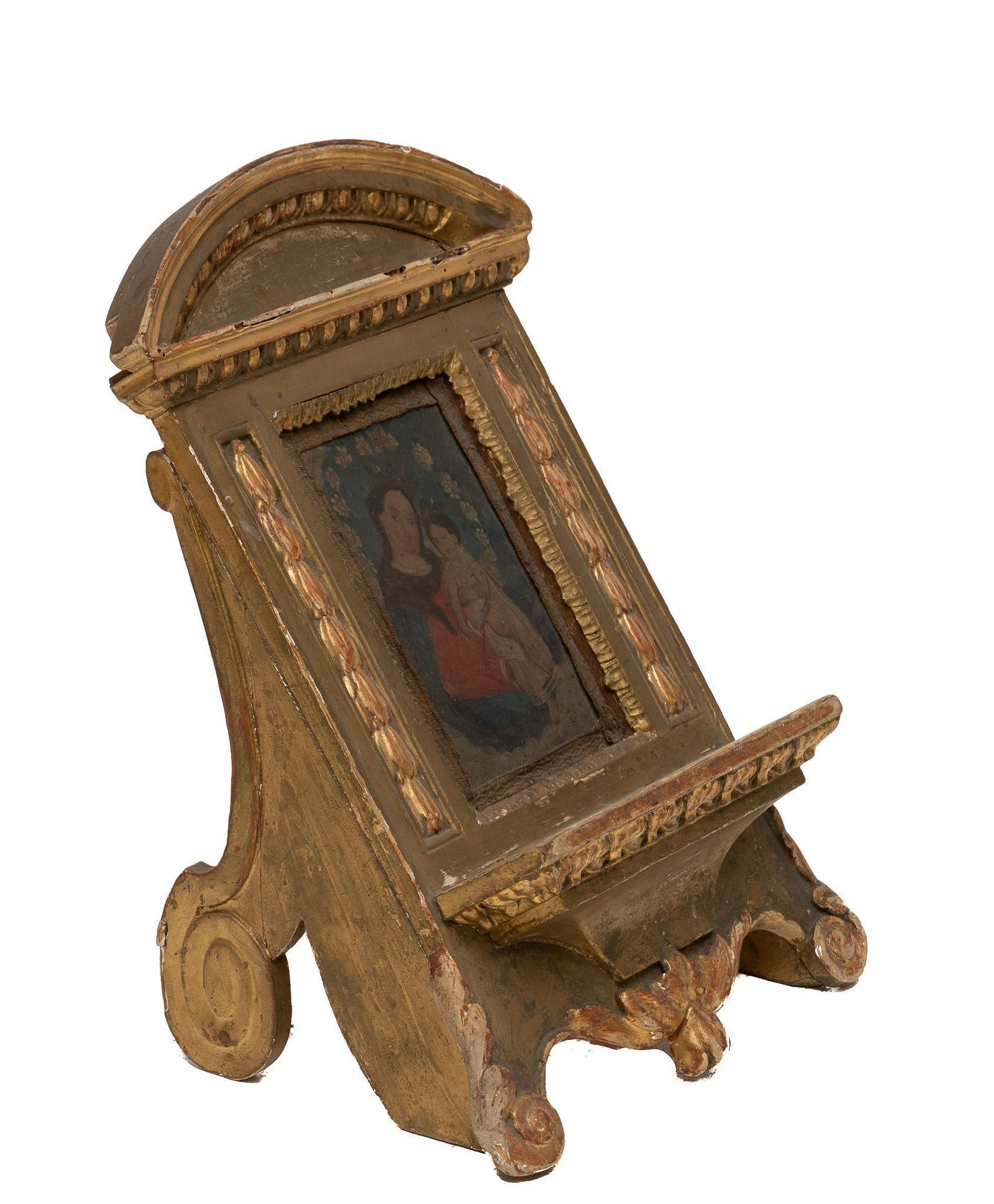 18th Century Framed Retablo, N.S. de Refugio: Colonial style retablo, depicting Nuestra Senora de Refugio (Our Lady of Refuge), oil on wooden board, supported in missal stand, circa 19th century frame: 15.5"h x 12.5"w Provenance: A San Antonio,