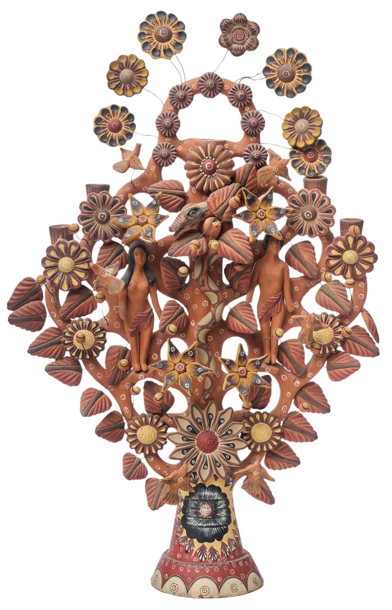 Mexican Tree of Life Candelabra: Mexican Tree of Life Candelabra, depicting Adam and Eve, ceramic and hand-painted size: 37"h x 24"w x 8"d Provenance: An Austin, Texas collection The Tree of Life has roots that reach far back into pr
