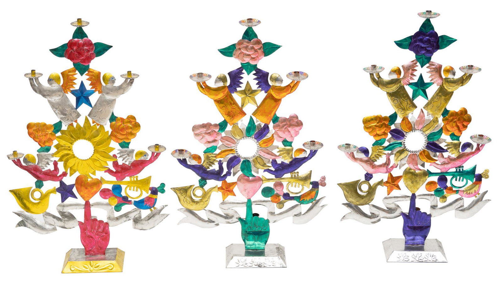 (3) Mexican Metal Art Candle Holders, Tree of Life: Collection of three Mexican metal art candelabras, featuring Tree of Life motif The Tree of Life has roots that reach far back into pre-Columbian Mexico, starting with The World Tree, a pre-Columbian 