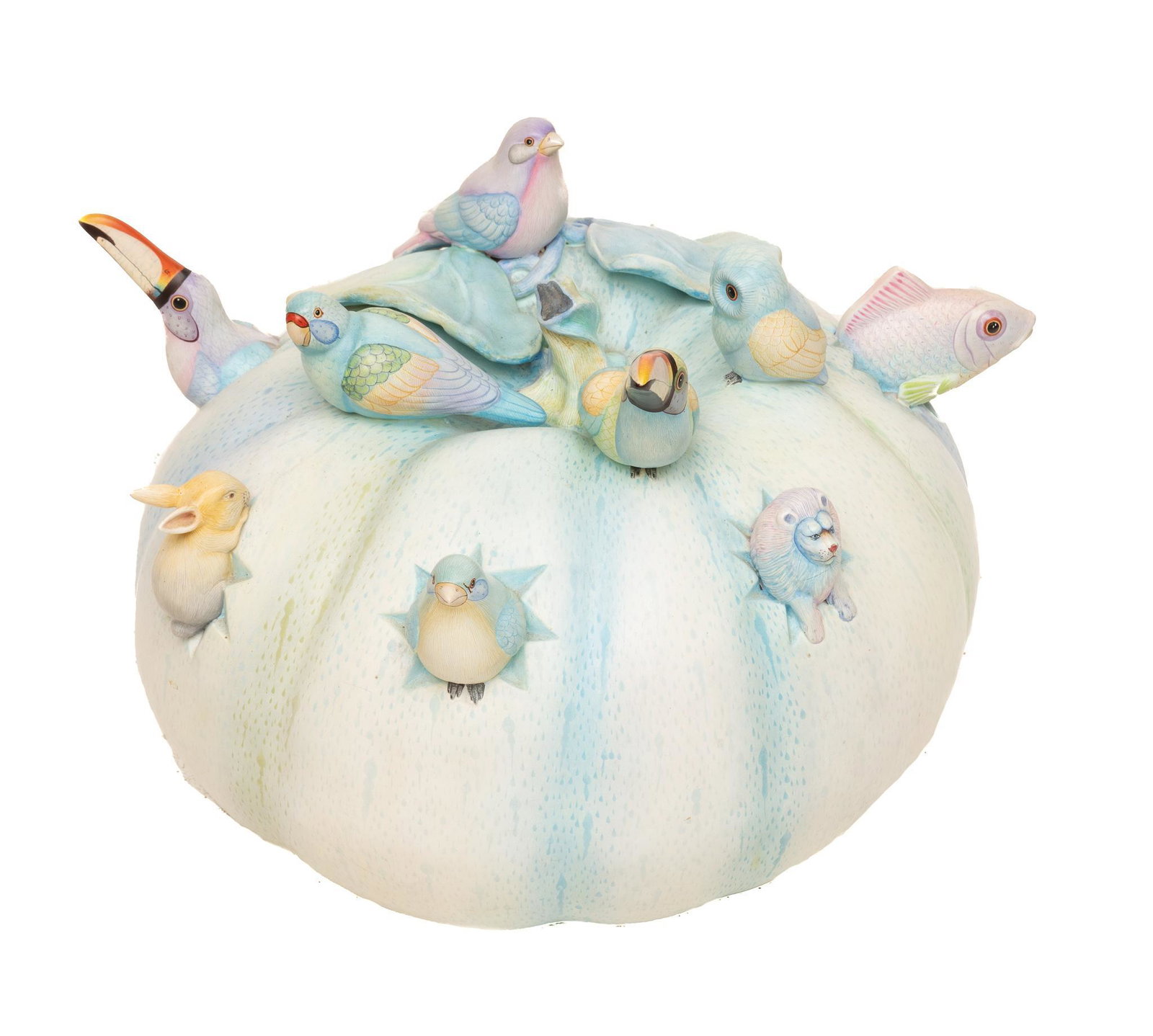 Sergio Bustamante (b.1949, Mexico), "Calabaza Grande": Sergio Bustamante (b.1949, Mexico), titled &;Calabaza Grande con Animales&;, featuring animal decoration with polychrome pastel glaze 14"h x 19"w x 17"d Provenance: A Spring Branch, Texas collection S