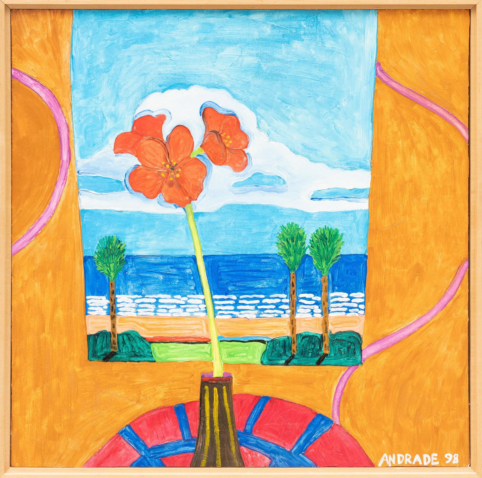 Bruno Andrade (1947-2013, US), "Alive", 1998: Bruno Andrade (1947-2003), "Alive", 1998, oil on canvas sight: 24"h x 24"w Provenance: A Tomball, Texas collection Bruno Andrade (1947-2003) was a San Antonio born Chicano artist known for his colorfu