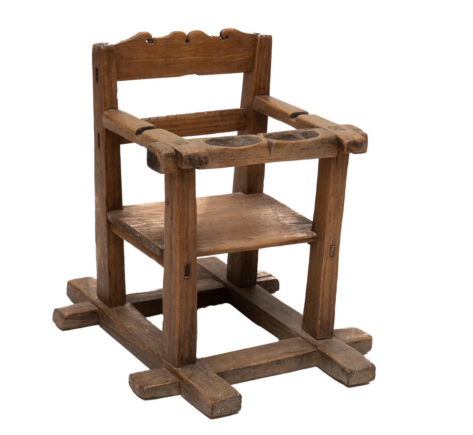 Hacienda Child's Chair: Spanish Hacienda wooden child's chair, featuring seat and two basin edge, on stretchered base 17.5"h x 16"w Provenance: A San Antonio, Texas collection We happily provide seamless shipping services on