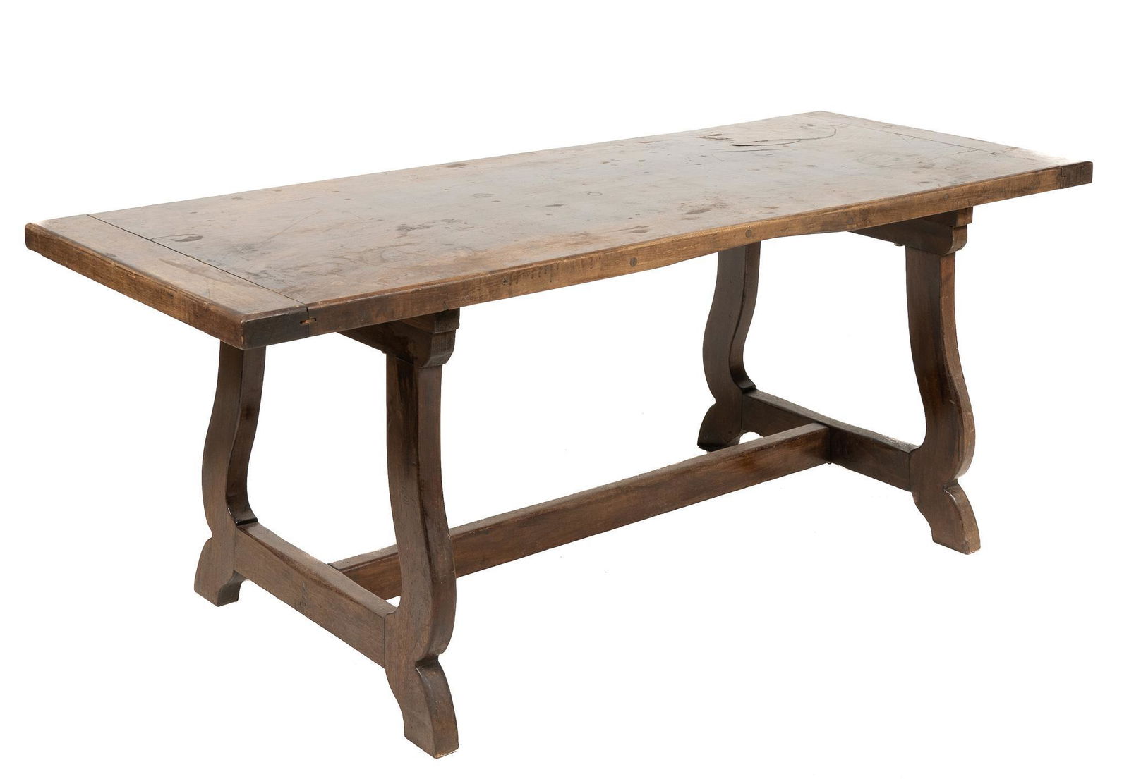 Hacienda Style Dining Table: Hacienda style dining table, having oversized top, supported on curved stretchered legs 30"h x 76"w x 29"d Provenance: A Spring Branch, Texas collection We happily provide seamless shipping servic