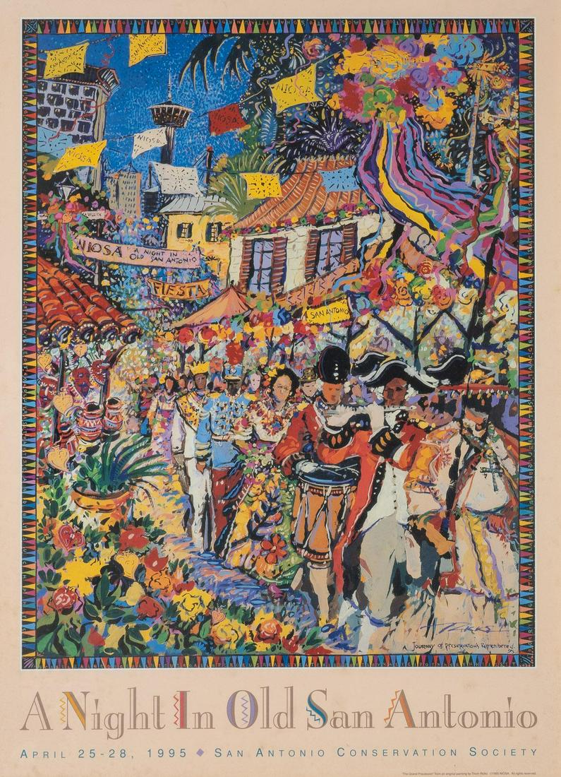 1995, Night In Old San Antonio (NIOSA) poster: NIght In Old San Antonio (NIOSA ) poster print, 1995 **Please note, the original hand-painted design for this poster is also featured in this sale 30.5"h x 22.5"w Provenance: A San Antonio, Texas coll