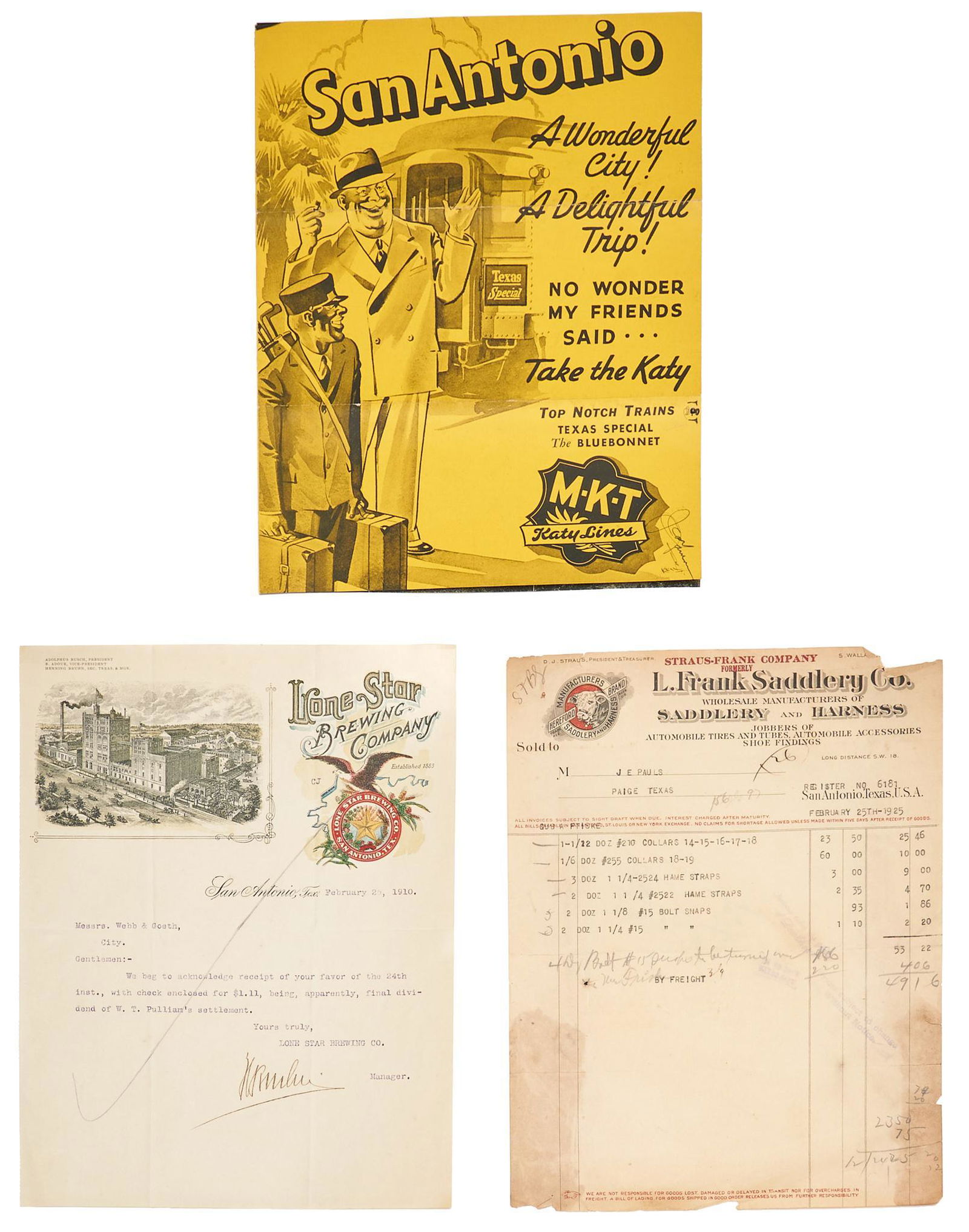 Collection of (3) Vintage San Antonio Billheads: Collection of three San Antonio Billheads from Straus Frank Saddlery, Lone Star Brewery, and MKT Railroad brochure 11"h x 9"w/ largest Provenance: A Houston, Texas collection We happily provide sea