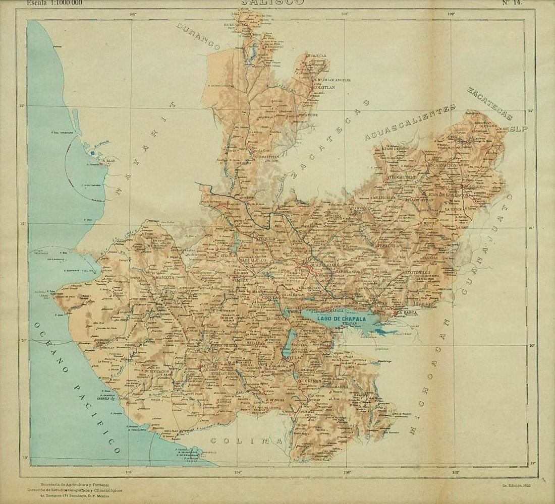 Map of Jalisco, Mexico, 1922: Map of Jalisco, Mexico, 1922, print image: 19 x 21", frame: 21 x 24" Provenance: The Estate of Dr. Richard L. Garcia (San Antonio, Texas) We happily provide seamless shipping services on everything we