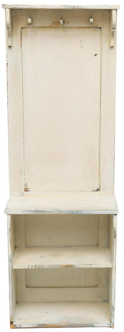 Upcycled Coat Rack: Upcycled coat rack, made from salvaged door and shelf, having three hooks above two shelves 62"h x 21"w x 10"d We happily provide seamless shipping services on everything we sell. Please email us at