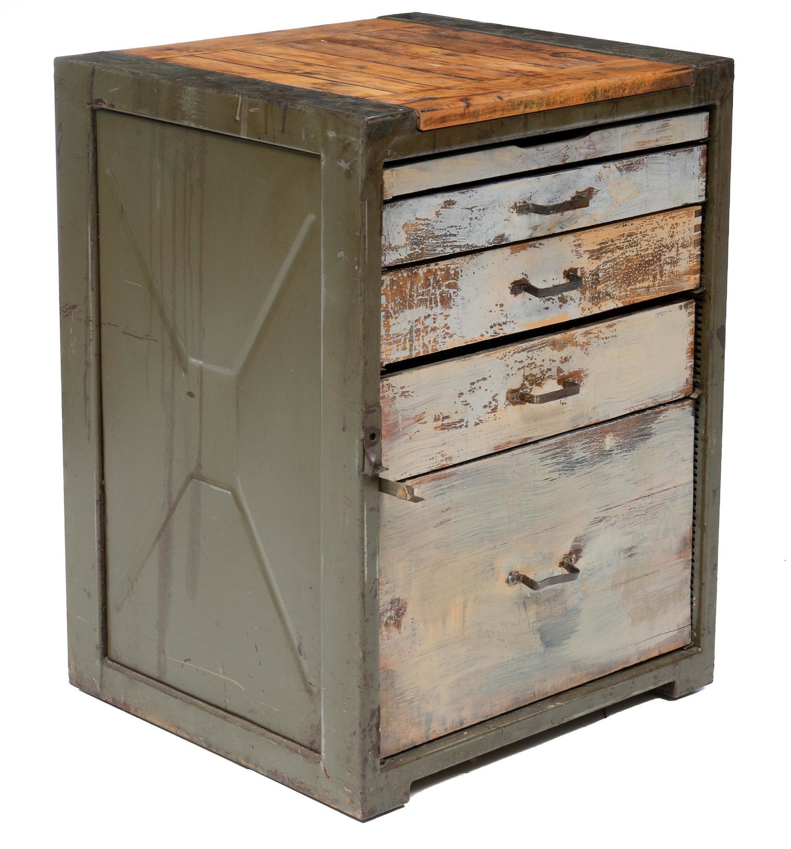 Industrial Metal Cabinet: Industrial metal cabinet, with five drawers and wooden top 34"h x 25.5"w x 25"d We happily provide seamless shipping services on everything we sell. Please email us at shipping@vogtauction.com or call
