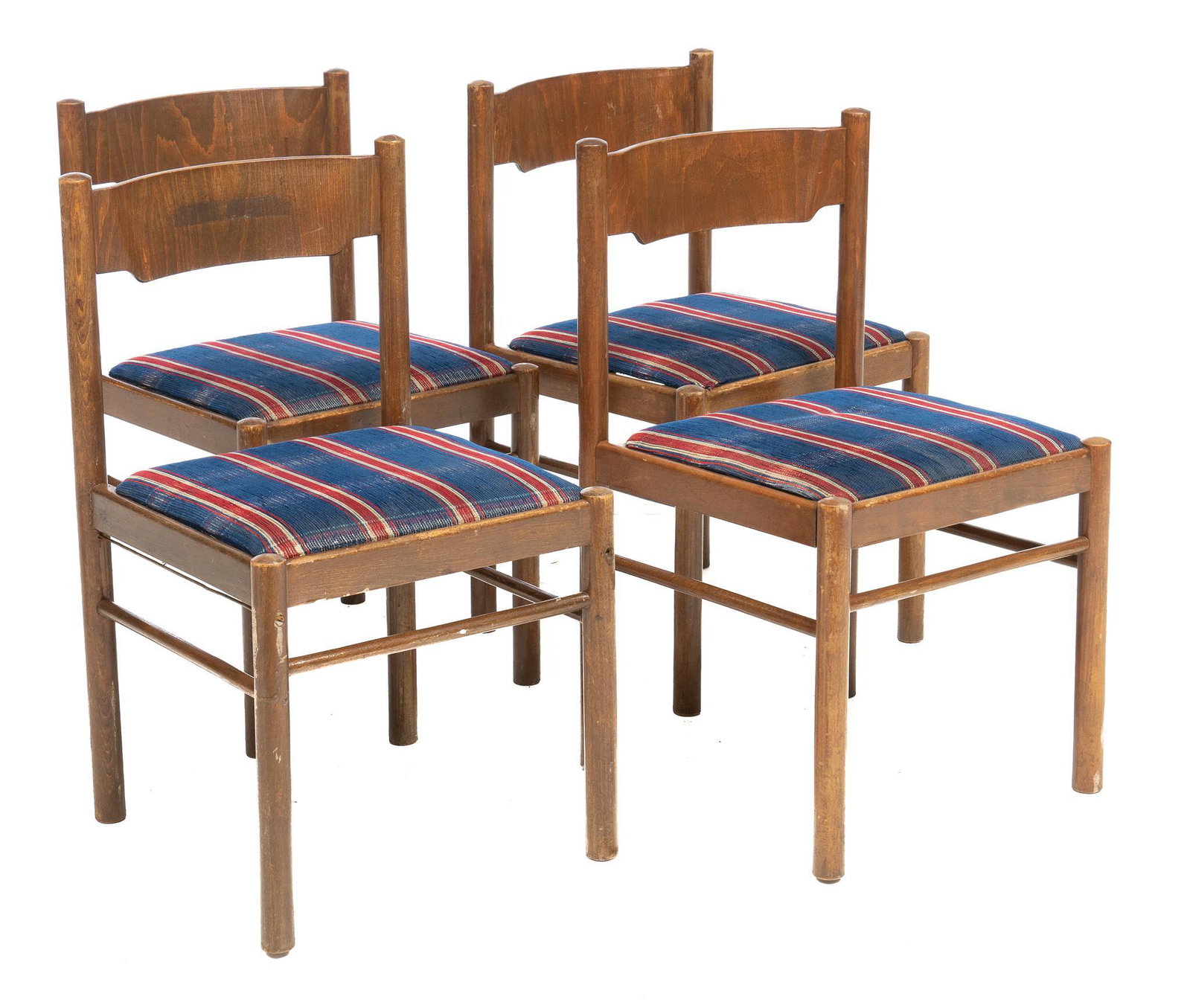 Set of (4) Matching Dining Chairs: Set of four matching Mid-Century dining chairs, having upholstered seat, rising on stretchered legs 30.5"h x 18.5"w x 18"d We happily provide seamless shipping services on everything we sell. Please e