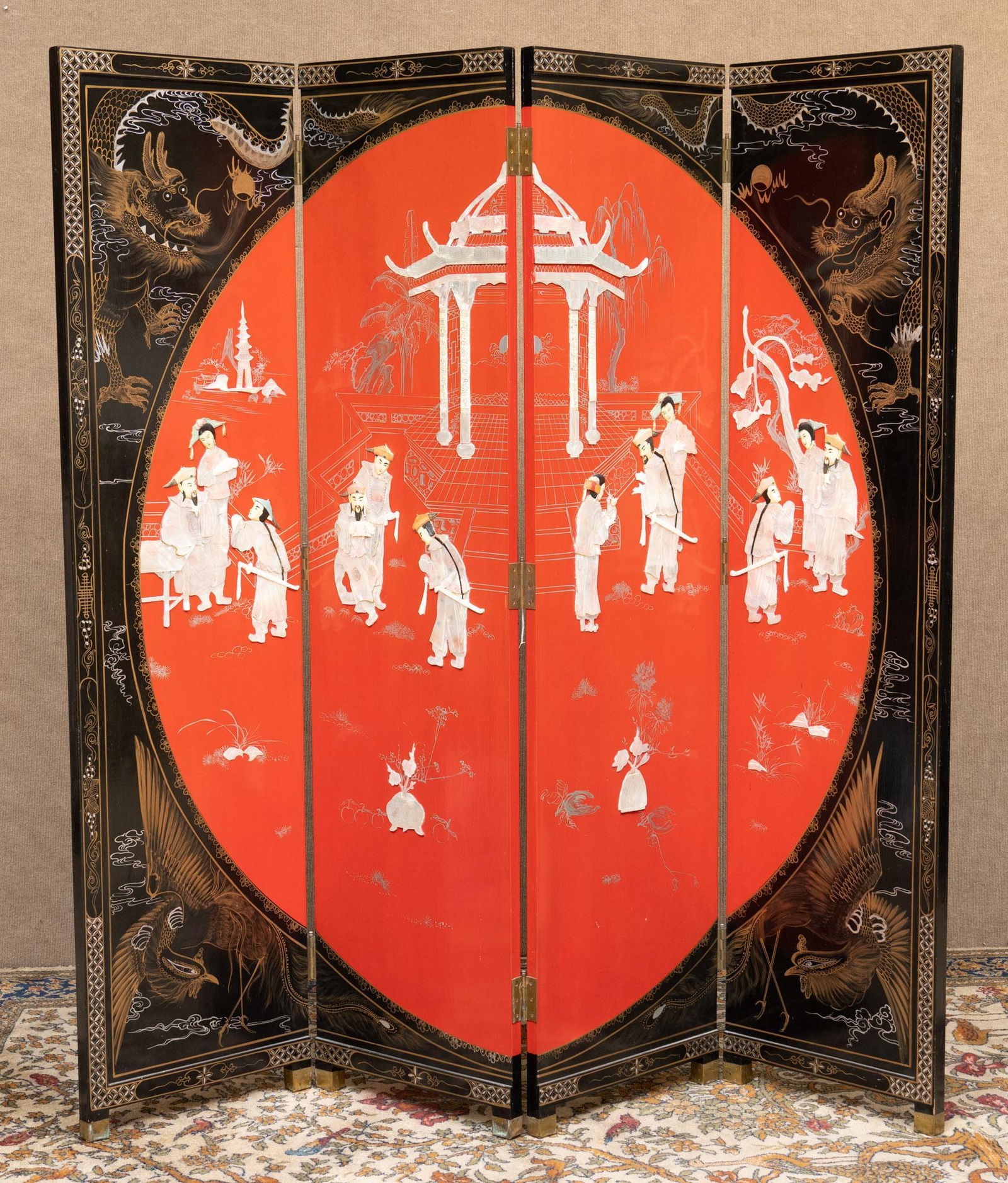 Oriental 4 Panel Dressing Screen: Oriental dressing screen or room divider, featuring classical oriental design, folds in four sections 72"h x 72"w x 1 1/2"d We happily provide seamless shipping services on everything we sell. Pleas