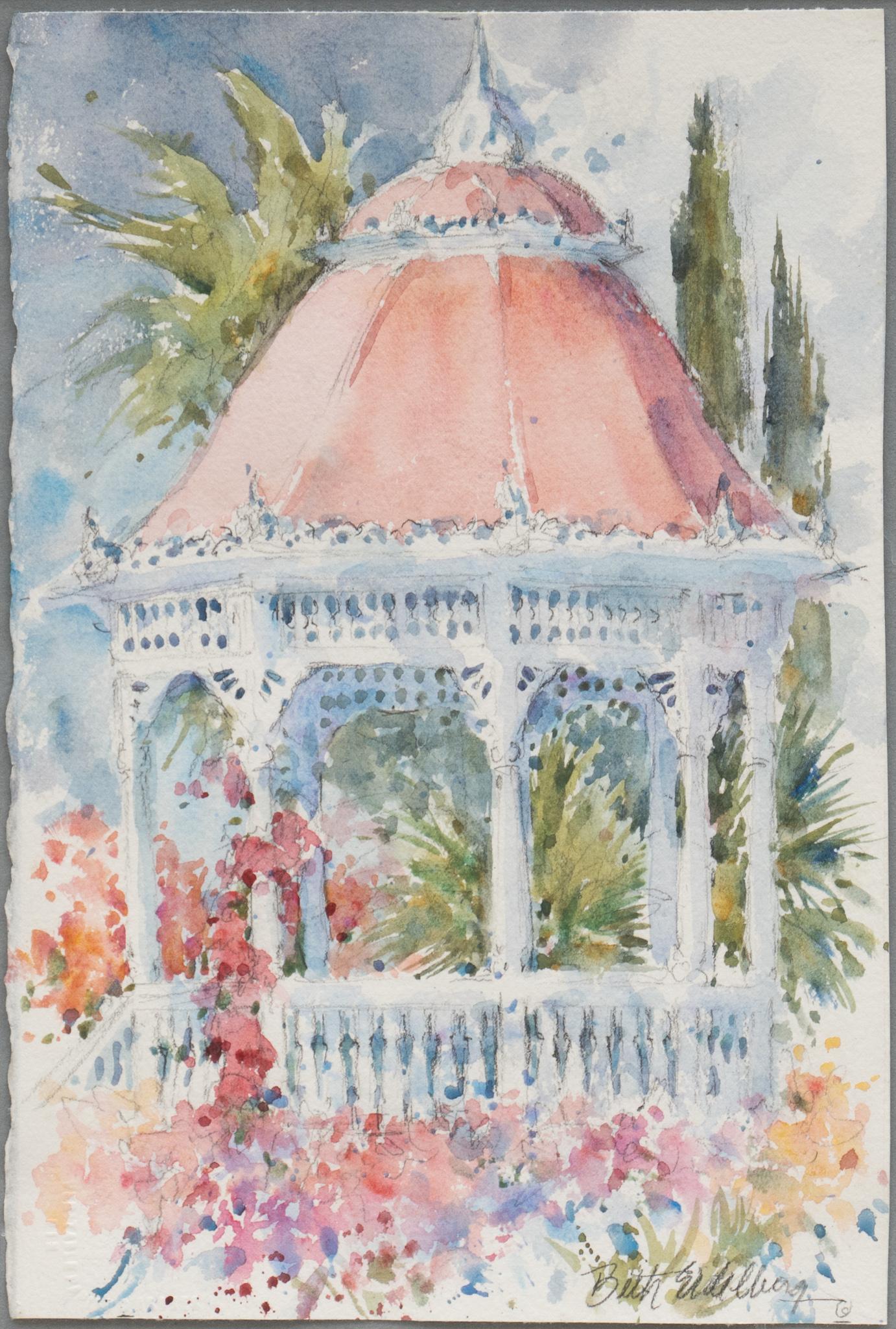 Beth Eidelberg (b.1933 TX), "Gazebo": Beth Eidelberg (b.1933, TX), "Gazebo", watercolor on paper, framed, signed sight: 12" x 8 1/2", frame: 18 1/2" x 14 1/2" We happily provide seamless shipping services on everything we sell. Please ema