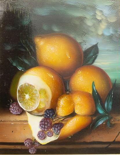 "Lemons and Blackberries" Print, after Dominique Obeniche (b.1849, France): Print of "Lemons and Blackberries", original by Dominique Obeniche (b.1849, France, plastic print applied to canvas support, framed frame: 15"h x 13"w We happily provide seamless shipping services on 
