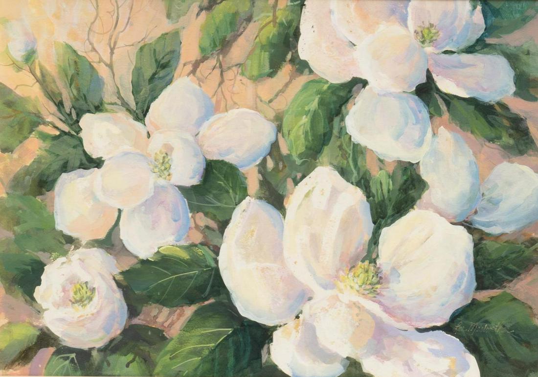 Lee Meriwether, Magnolias: Lee Meriwether, Magnolias, watercolor on paper sight: 16"h x 24"w, frame: 23 1/2"h x 31"w We happily provide seamless shipping services on everything we sell. Please email us at shipping@vogtauctio