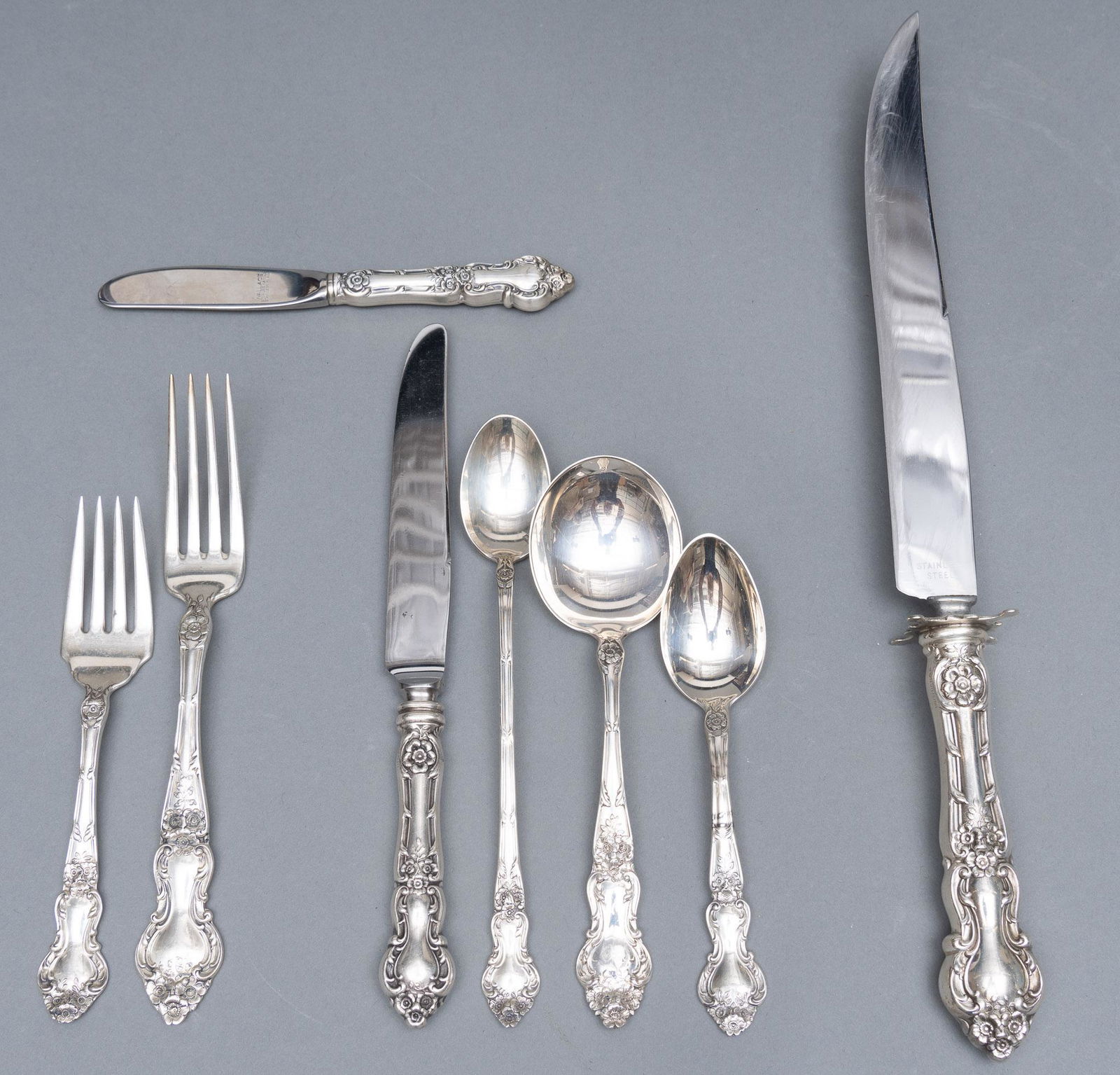 "Meadow Rose" by Wallace Sterling Flatware Set 73pc: "Meadow Rose" by Wallace Silversmiths sterling silver flatware set 73pc. No monogram or removal Includes: 8 dinner knives, 9 3/4" 8 dinner forks, 7 3/4" 3 luncheon knives 3 luncheon forks 8 salad