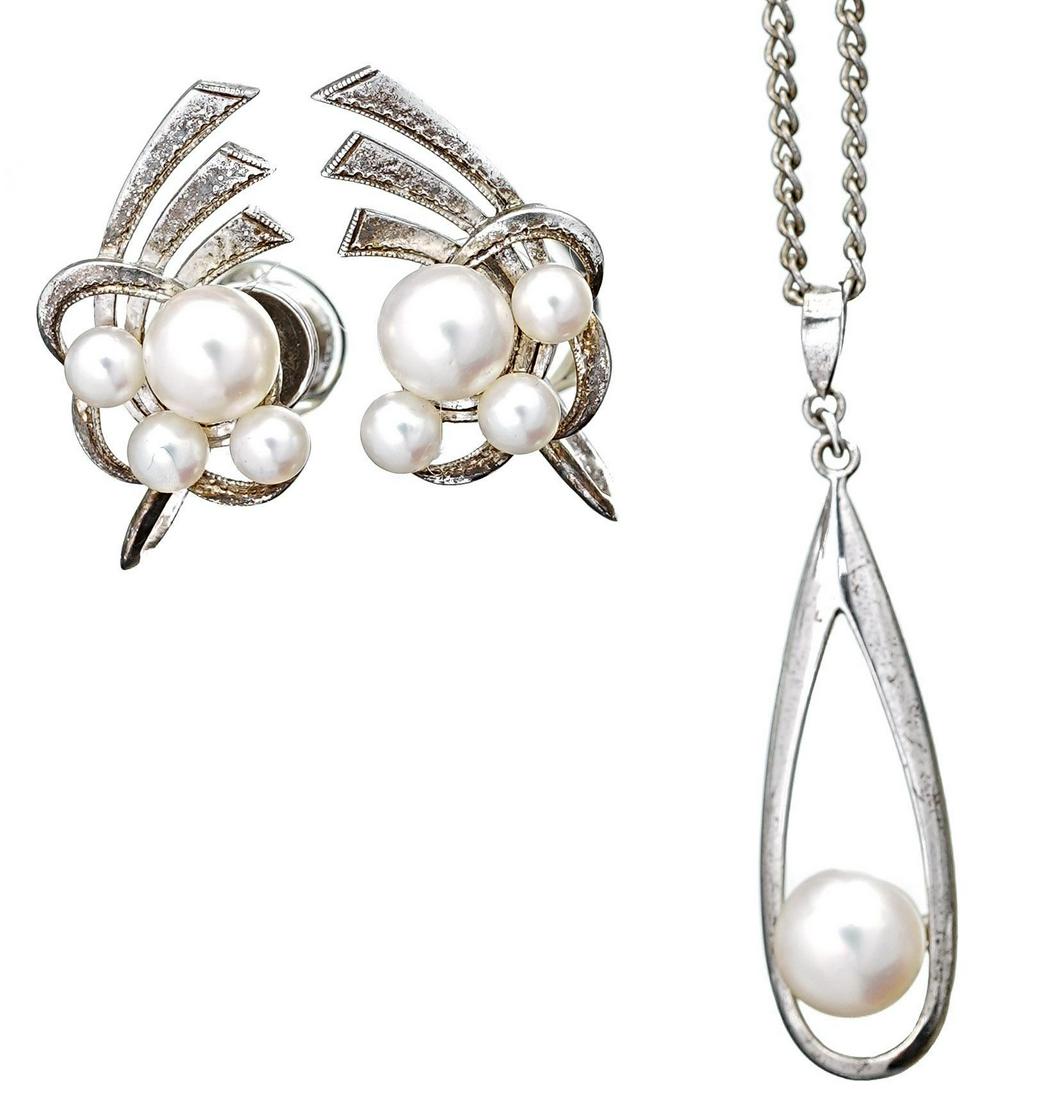 Vintage Mikimoto Pearl Sterling Pendant and Earrings (1 of 3)