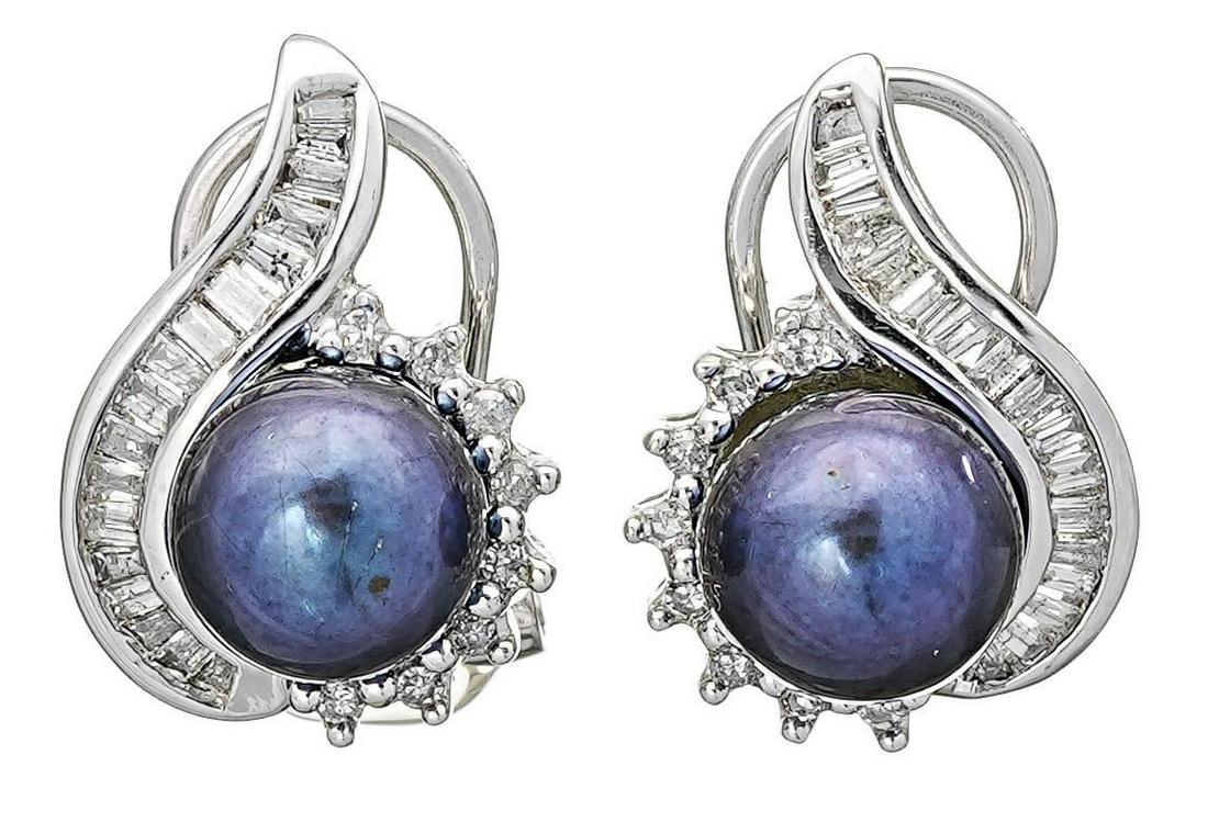 Tahitian Pearl Diamond 14k White Gold Earrings: French clip earrings having Tahitian pearl approx. 7.5mm encased by channel set baguette diamonds and prong set round diamonds (approx 1ctw). Length 5/8", total weight 6.1 grams. We happily provide se
