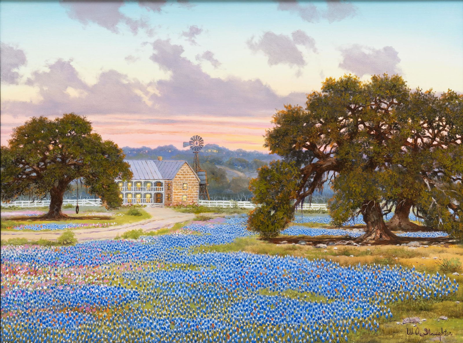 William A. Slaughter (1923-2003), Fredericksburg Homestead: William A. Slaughter (1923-2003), Fredericksburg homestead. oil on canvas. sight: 30 x 40", frame: 43 x 48". Provenance: A Granbury, Texas collection William A. Slaughter was born in San Antonio, Te