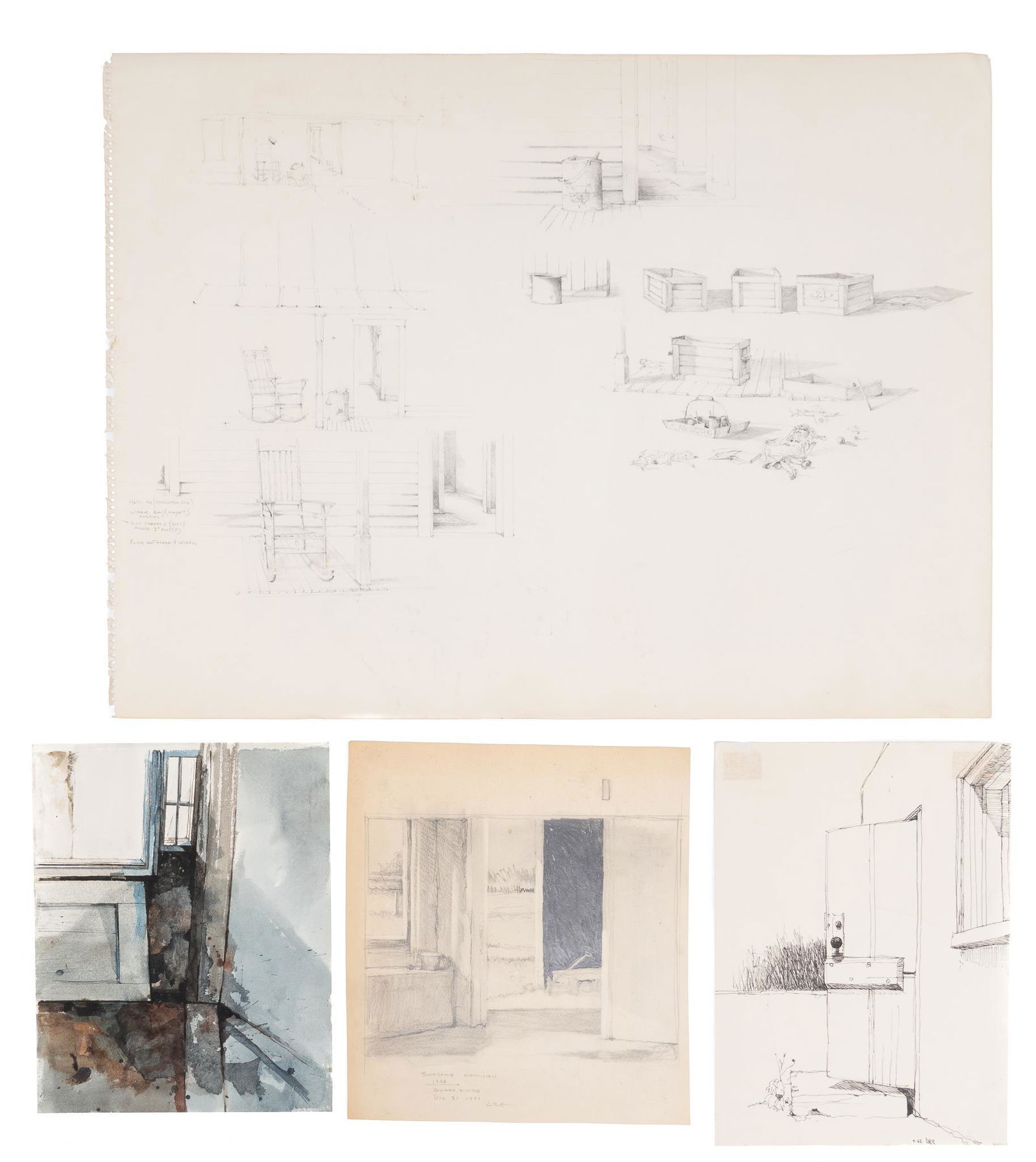 Carl Rice Embrey (b.1938), Three Pencil Studies + Watercolor, 1968-1991 (1 of 14)