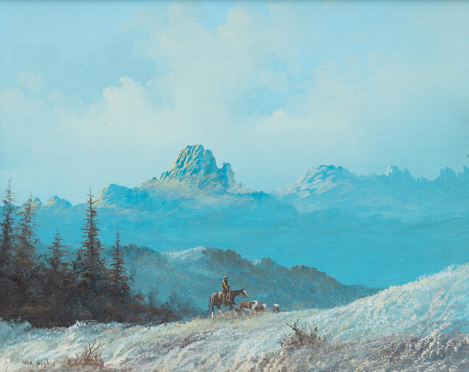 Lester Hughes (b. 1940), Cowboy with Landscape: Lester Hughes (b. 1940), Cowboy with landscape. oil on canvas. sight: 16 x 20", frame: 22 x 26". Provenance: A Dickins, Texas collection Lester Hughes is a self-taught artist who paints imaginative