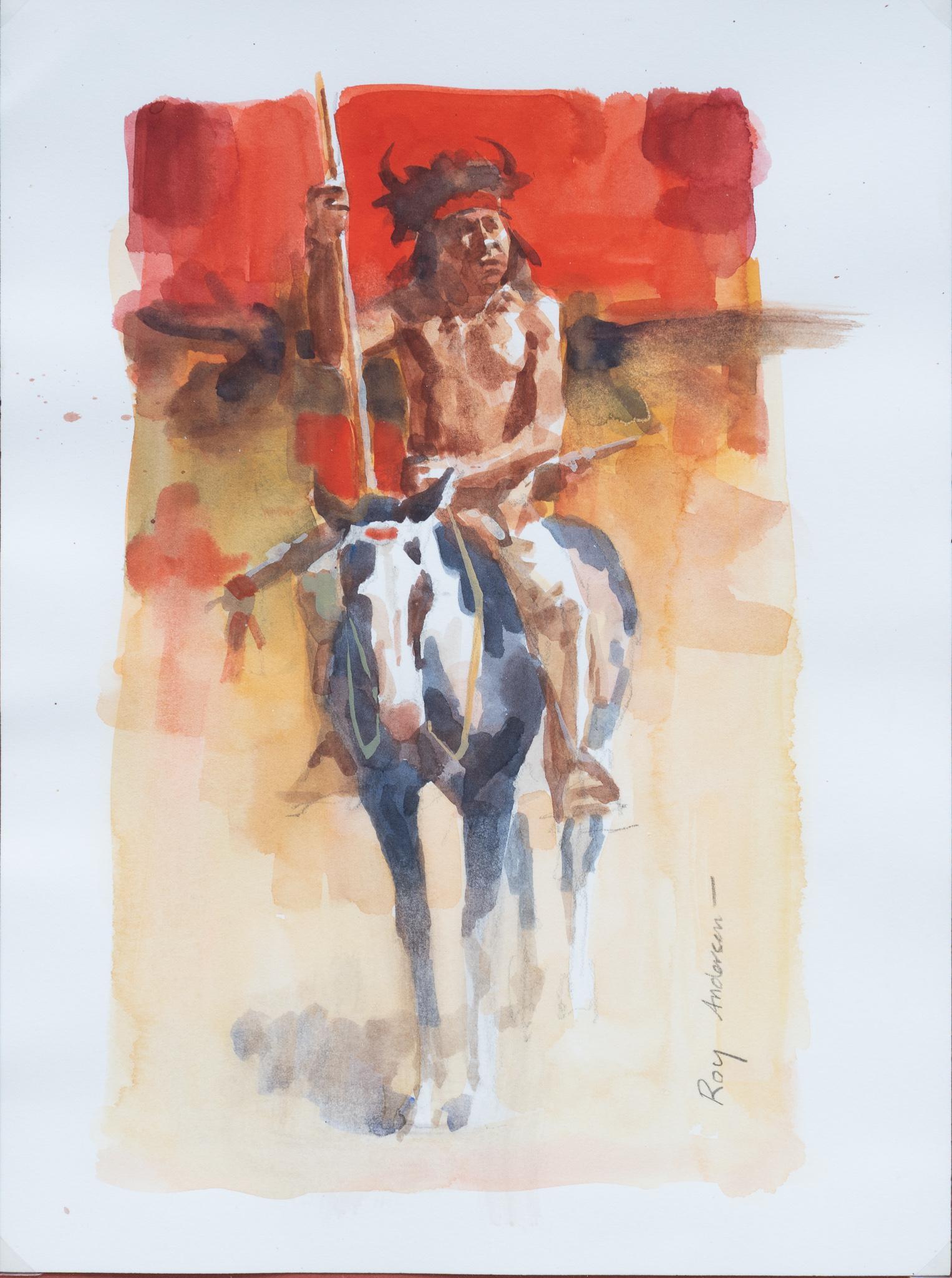 Roy Andersen (1930-2019), Native American Watercolor Study: Roy Andersen (1930-2019), Native American watercolor study. watercolor on paper. image: 10 x 7", frame: 20 x 17". Provenance: An East Bethany, New York collection Andersen grew up on an apple farm i